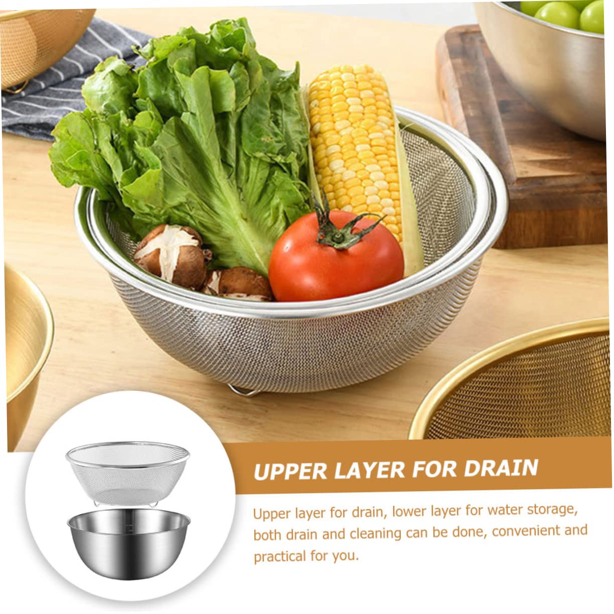 Colador de Arroz 2 Piezas de Malla Fina de Acero Inoxidable | Lavado de Verduras y Noodles, Color Plata, Estable y Antideslizante, Uso Doméstico en Cocina