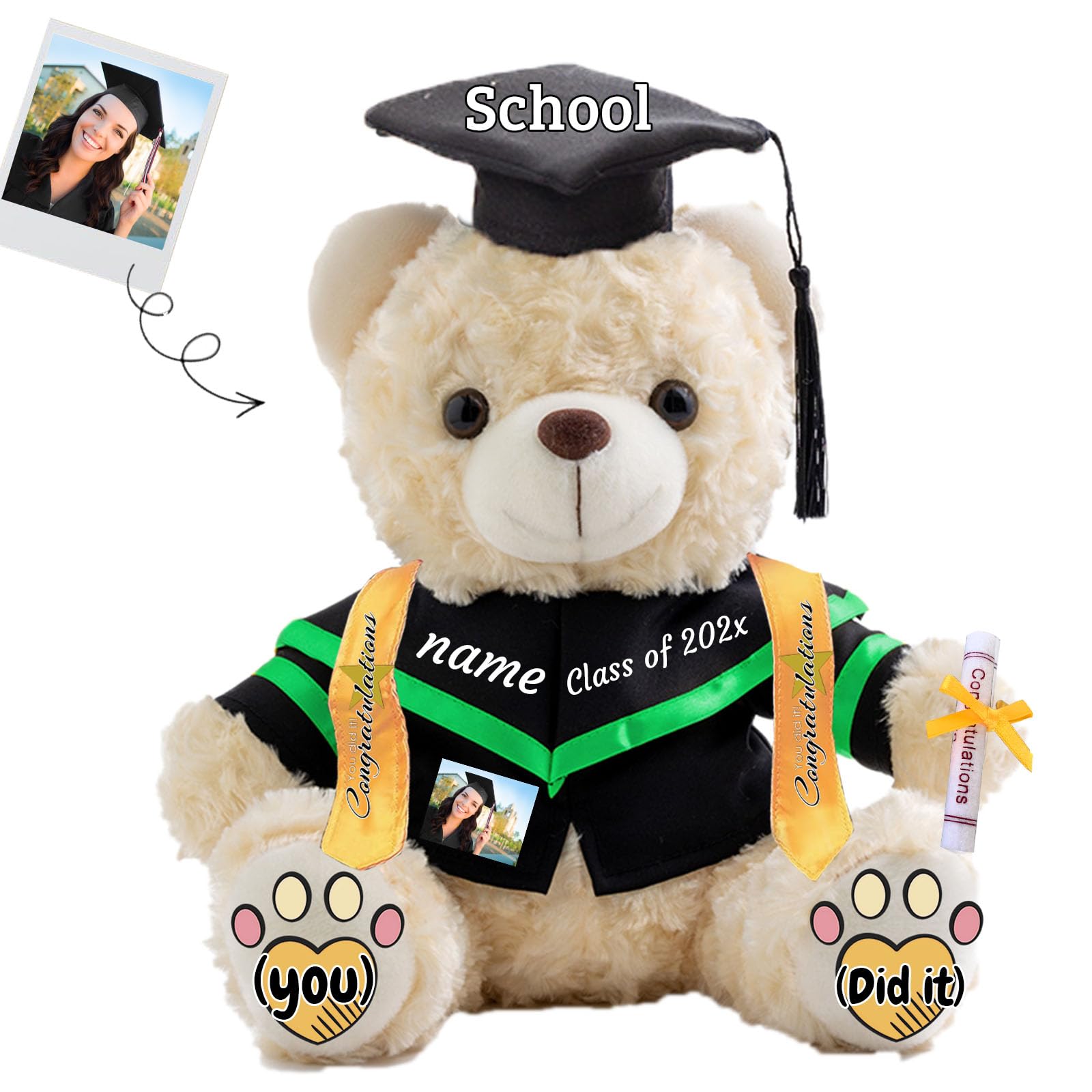 JABECODIFA 2025 Graduation Teddy Bear with Text+Photo, Personalised Bear as 2025 Graduation Gifts for Him/Her as High School Kindergarten College Graduation Gift for Girls/Boy (10 IN-Text+Photo)