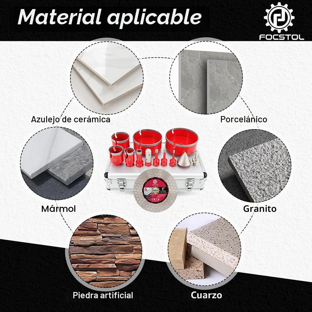 FOCSTOL Juego de Brocas Diamante - Corona Diamante Porcelanico para Cerámica Mármol Granito 13 piezas (6/8/10/20/35/50/68/110/125mm+20mm Fresa+50mm Broca Chaflán Biselado+Adaptador+125mm Disco)