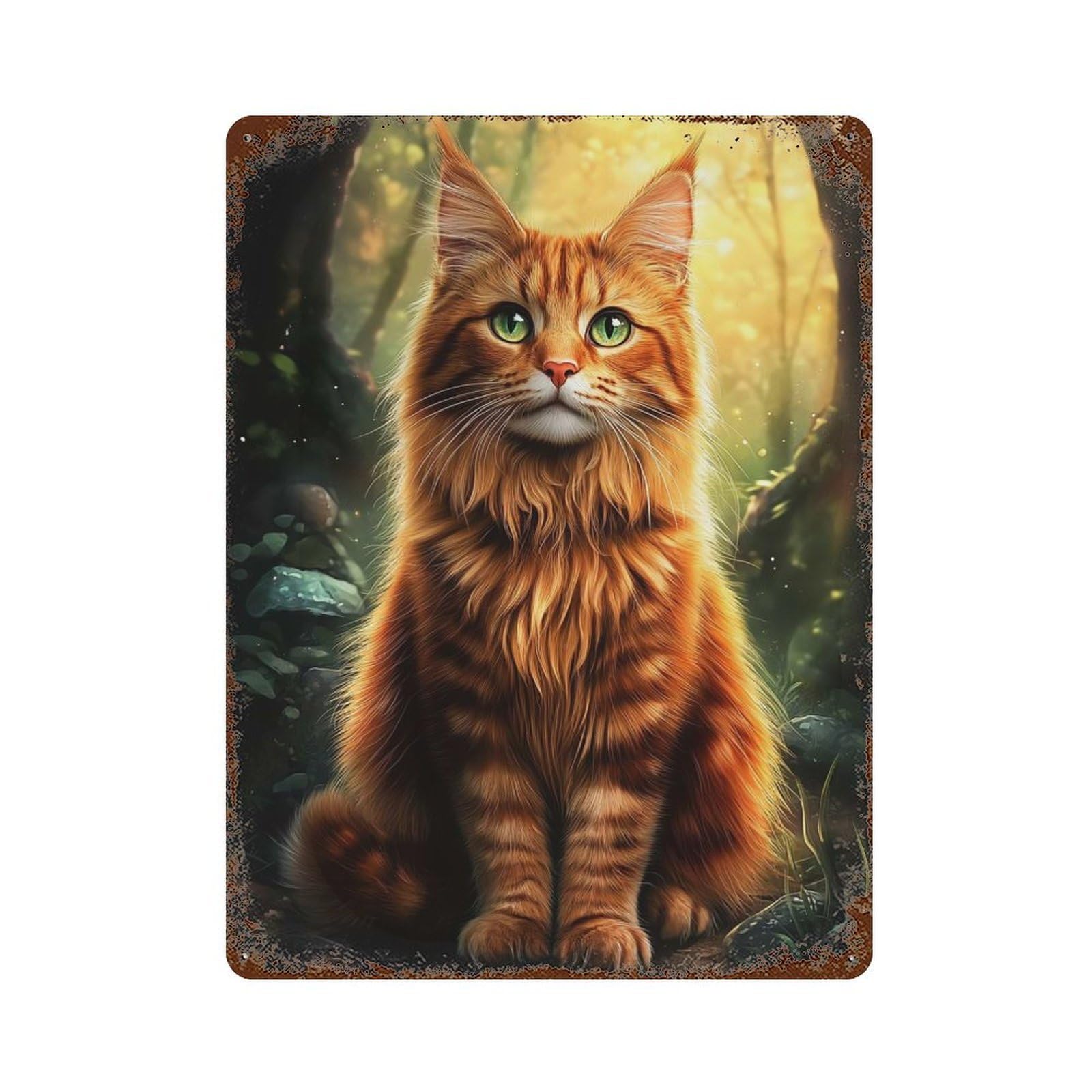 Decorative Tin Sign Norwegian Forest Cat in Forest 15.7"x11.8", Vintage Wall Decor for Pub, Kitchen And Man Cave Decor