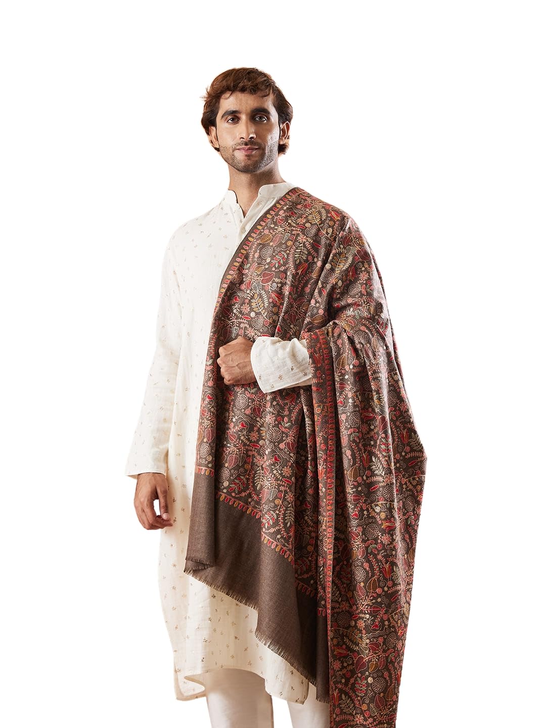 Men 100% Pure Wool Fabric Sozni Embroidered Shawl, Stole and Wrap, Woolmark Certified Fabric Base, Heritage Pashmina Kashmiri Stole, Shawl, Wrap (Size: 40x80 Inches, Brown Color)-image-34
