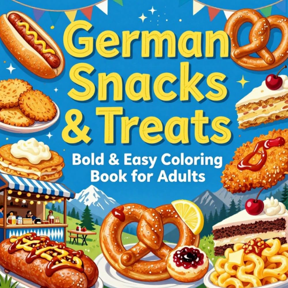 German Snacks & Treats Bold & Easy Coloring Book for Adults: Simple Large Print Food Coloring Pages Featuring Pretzels, Bratwurst, Cakes, Pastries, ... and Stress Relief (Snacks & Treats Coloring)