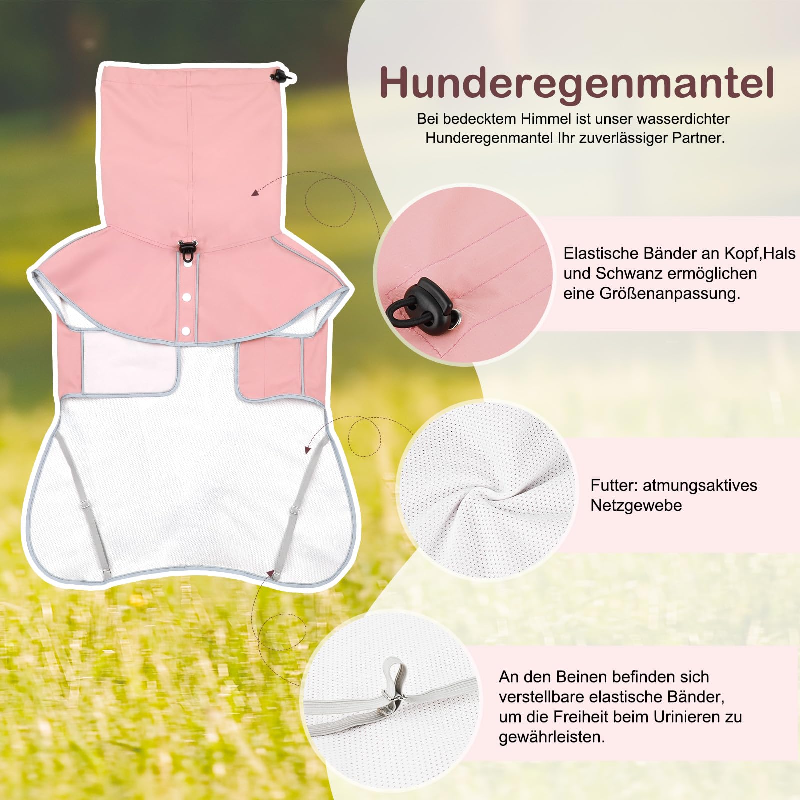 Hunderegenmantel - Wasserdichter Regenjacke für Hunde, Einstellbare Regenmantel für Mittlere, Große und Extra Große Hunde, Polyester, Rosa, M