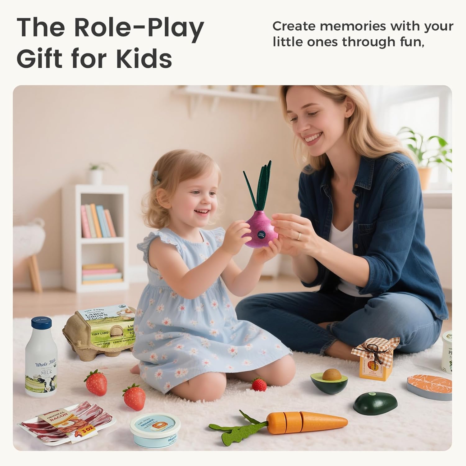 Tiny Land Organic Play Food Set - 6PCS Wooden Seafood & Meat Toy Set for Kids, Pretend Grocery for Kitchen Play, Montessori Toy Gift - Image 5