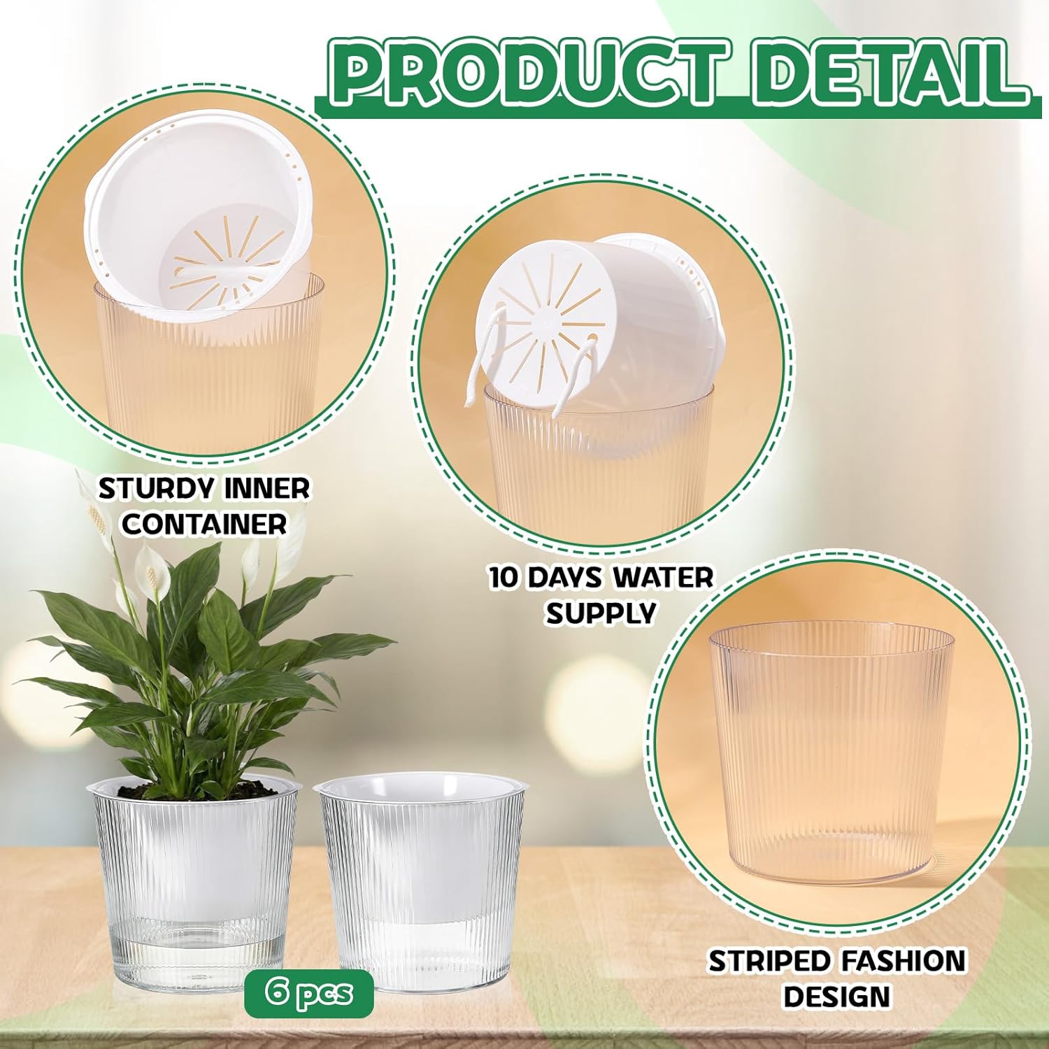 6 Pack Self Watering Pots for Indoor Plants Plastic Vertical Ribbed Semi Transparent Planters, Dual Layer Reservoir for Indoor Succulents Herbs Pothos(Clear, White,6.5 x 5.9 Inch)