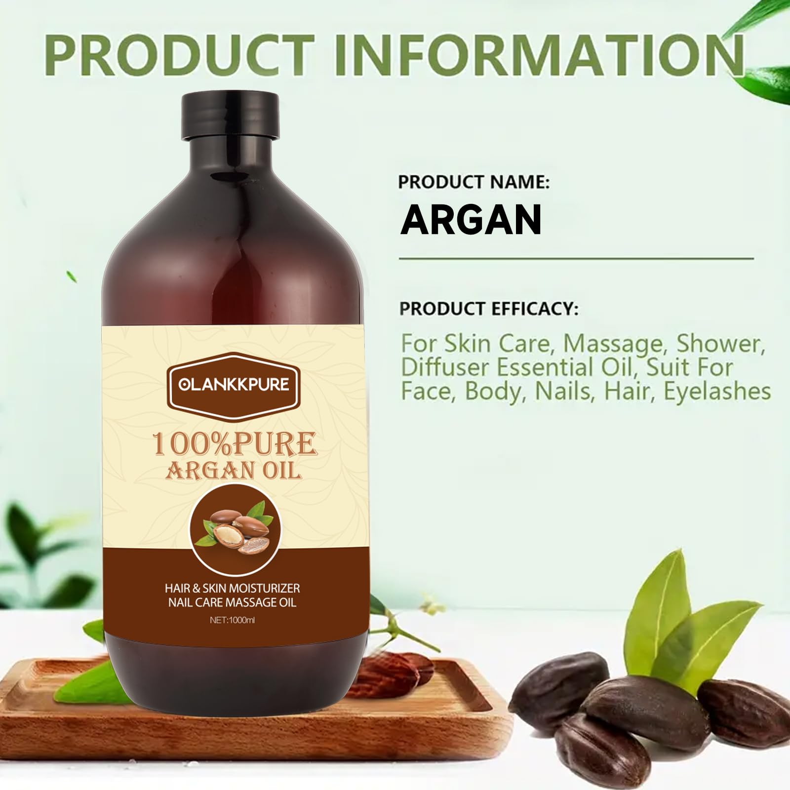 100% Reines Arganöl, Premium Ätherisches Öl für Haare, Haut, Nägel, Massage, Feuchtigkeitspflege, Mehrzweck Körperöl, 1000ml