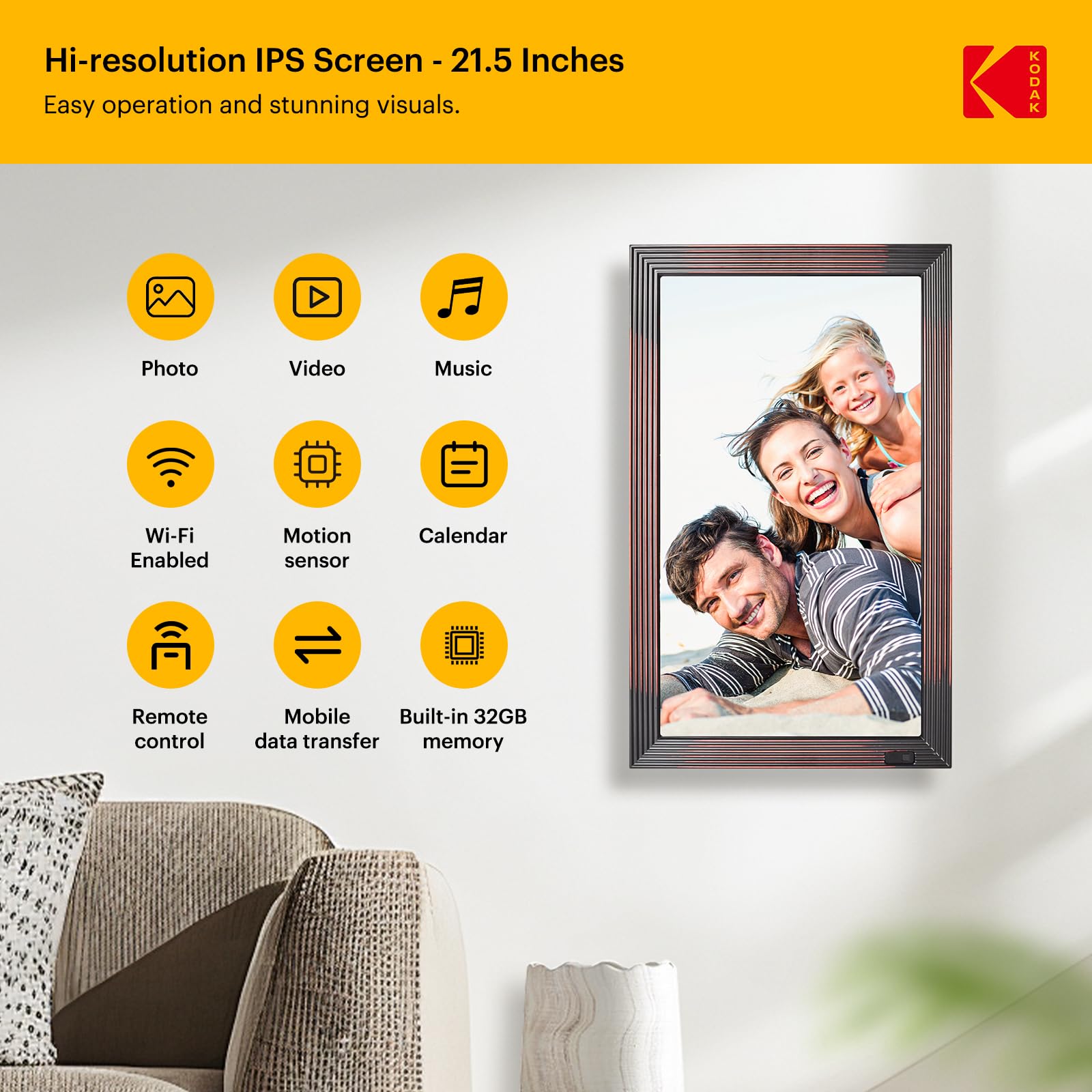 Kodak Marco de fotos digital WiFi de 27 pulgadas, HD IPS, marco electrónico con 32 GB de memoria, rotación automática de imágenes, compartir fotos o vídeos en cualquier lugar a través de la aplicación