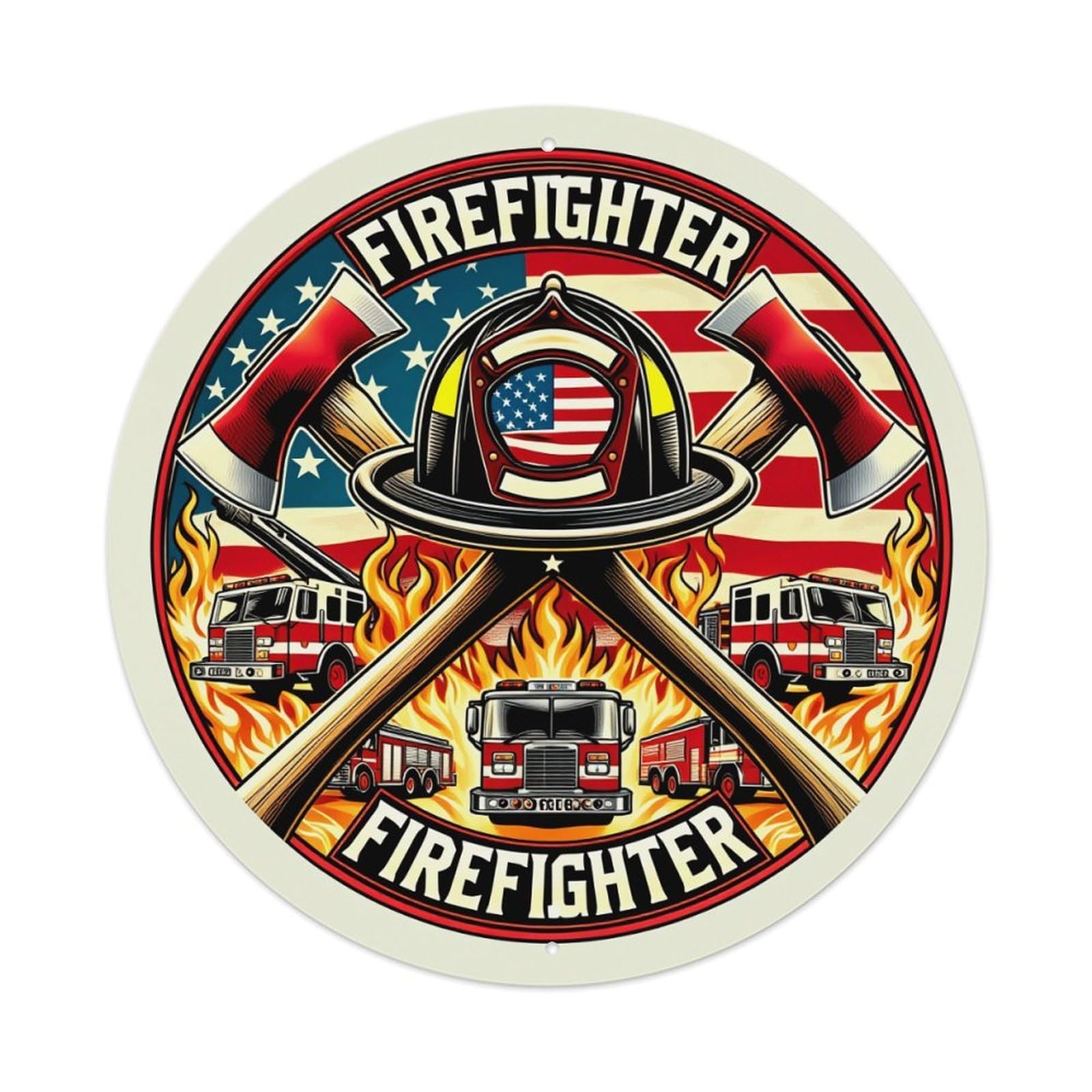 Firefighter Helmet Axes Flames Trucks Round Tin Sign Vintage Metal Sign Home Bar Garden Indoor & Outdoor Wall Decor Retro Metal Poster 8x8 Inch