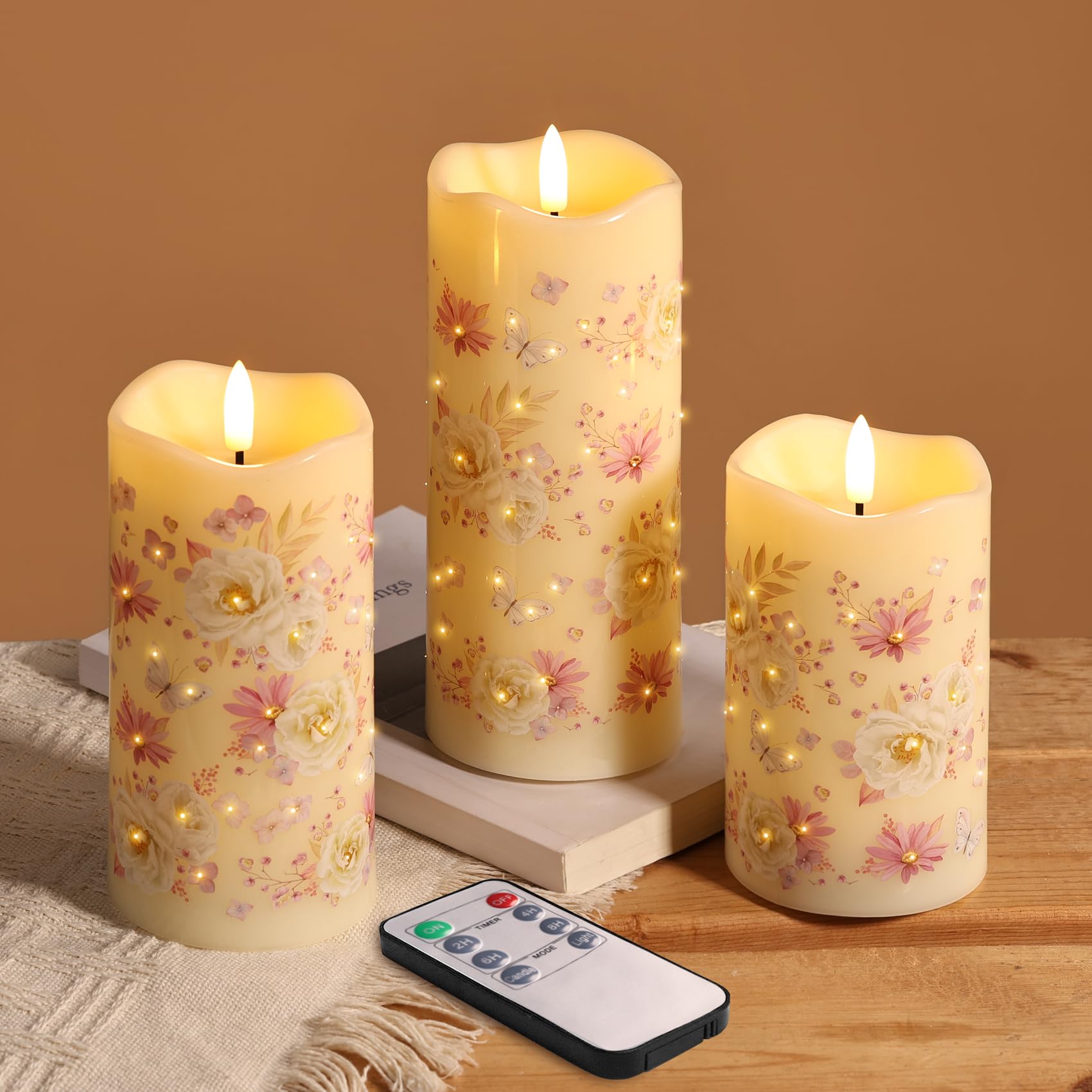 Eywamage Fiber Optic Flameless Pillar Candles with Remote, Floral Spring LED Candles Battery Operated Flickering Set of 3