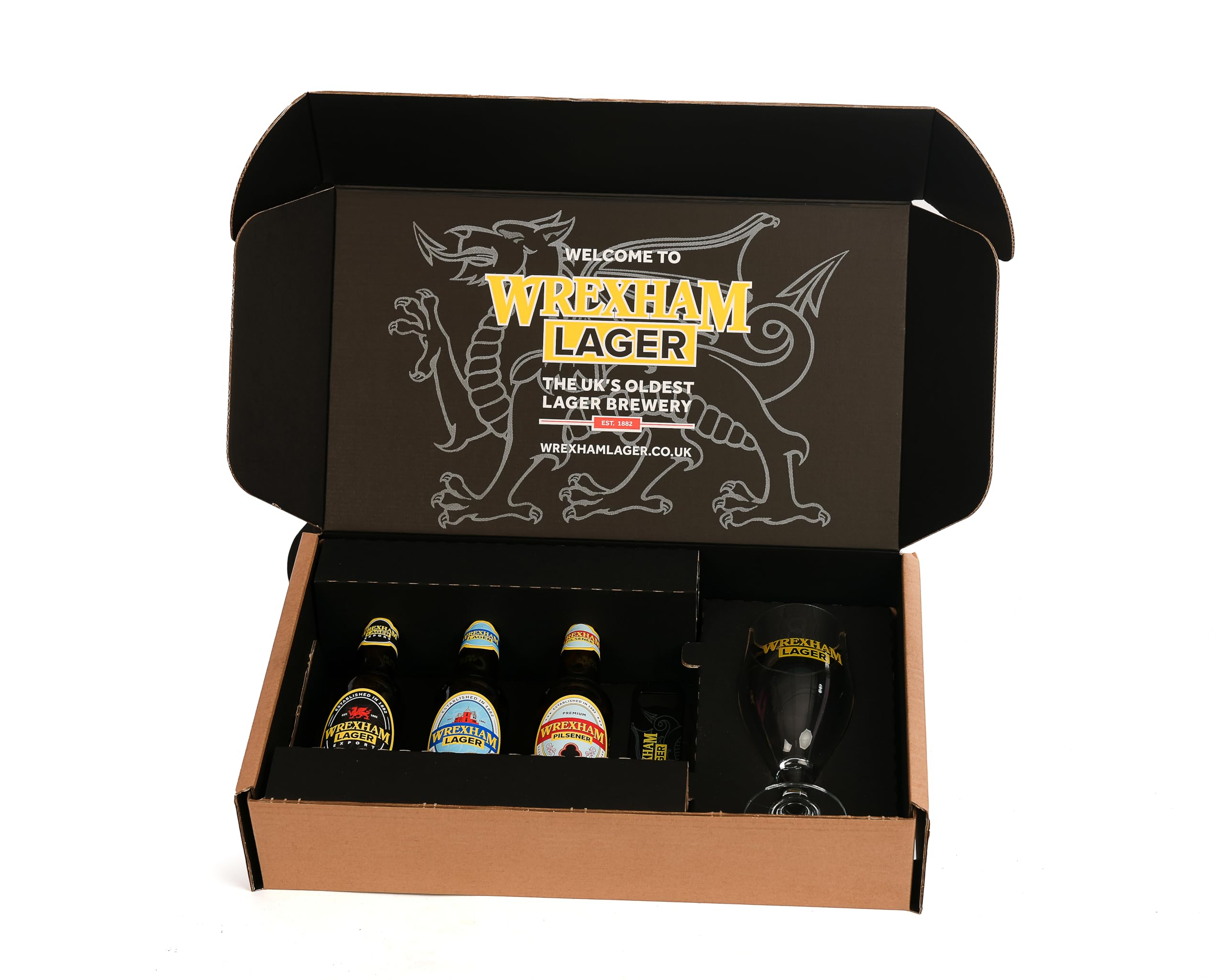 Gift Box, Contains 3x330ml bottles, including Wrexham's Export, Pilsener and Original Lager, with branded Chalice Glass and Bottle Opener, Great Gift for Lager Lovers
