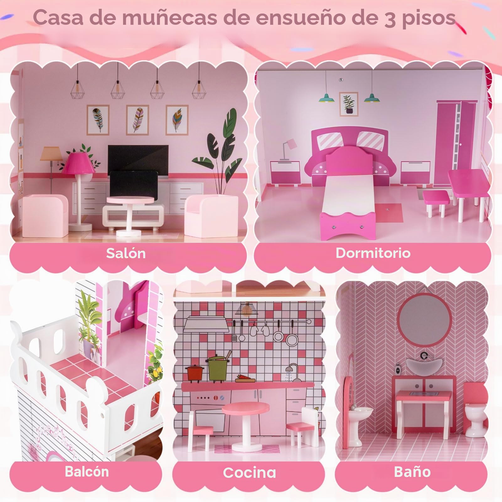 FANTASK Casa de muñecas de Madera de 120,5 cm de Alto, 3 Niveles y 17 Muebles, casa de Juegos para niñas y niños a Partir de 2 años, 73 x 34 x 120,5 cm (Rosa)