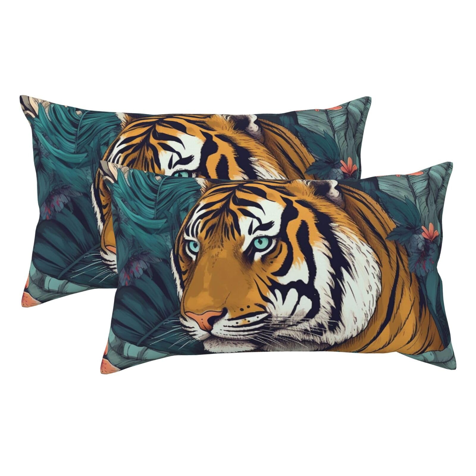 2 Pack King Pillow Cases with Hidden Zipper, Soft Breathable Pillow Covers for Hair and Skin, Tropical Tiger Pillowcases 20"x36" Bed Pillow Protectors Cover for Sleeping Gifts