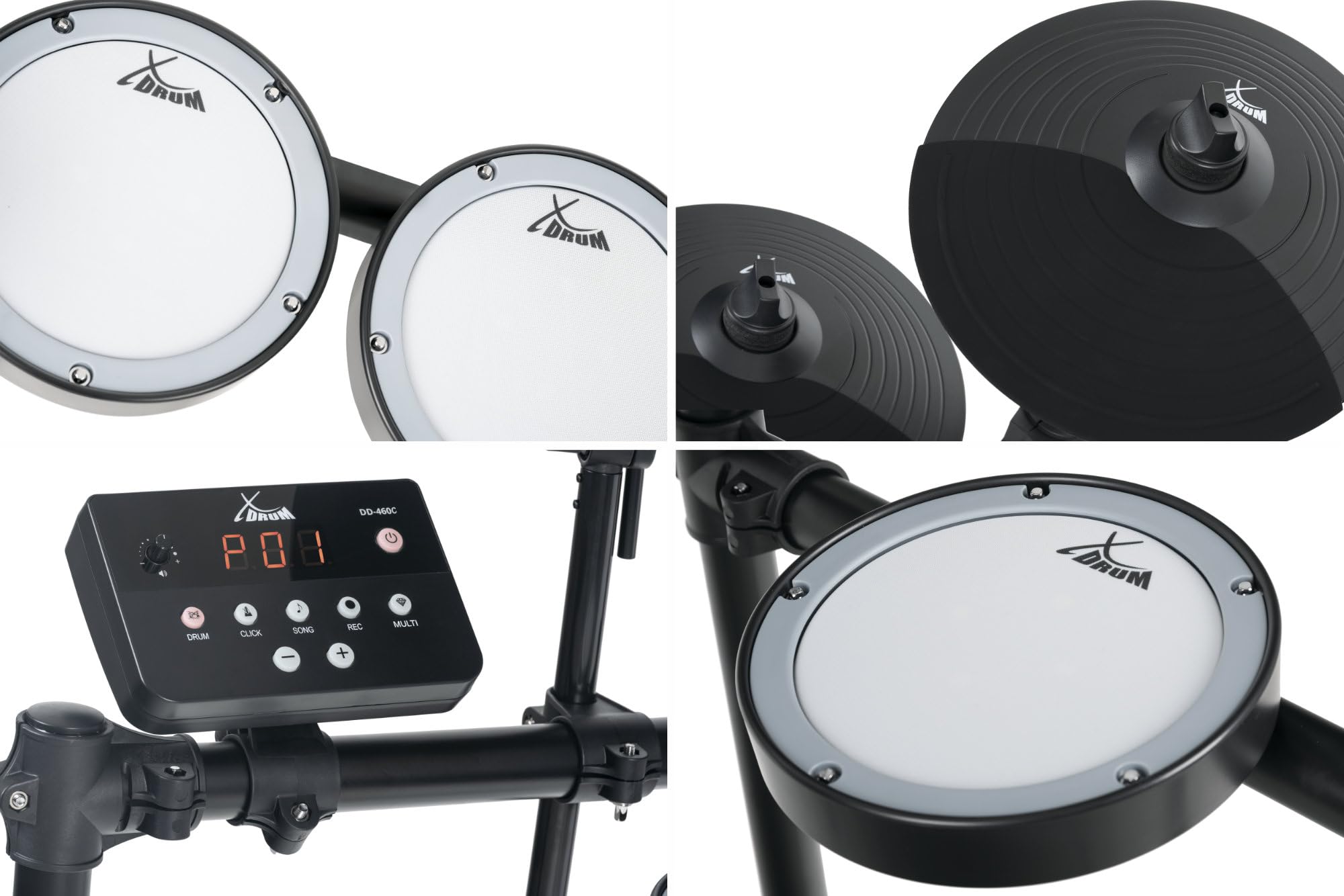 XDrum DD-460C Kit de Batería Electrónica, 1x controlador de kick, 5 mm) | Batería electrónica con cierres de contacto, 4x pads de caja/tom de 8" de zona única, Incluye rack, 25 kits preestablecidos
