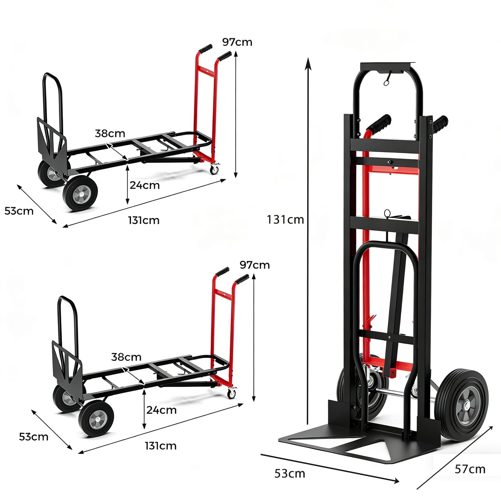 GYMAX Carretilla de Mano Plegable 3 en 1, Metal Resistente con Ruedas Universales, Mango de Goma, Capacidad de 450 kg, Carretilla de Mano para Almacén, Garaje, Fábrica, Supermercado (Rojo)