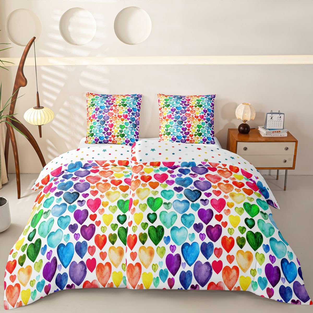 Homemissing Liebesherz Bettwäsche Pärchen Buntes Liebesherz Muster Bettwäsche 155x220 4teilig Regenbogen Herz Bettwäsche-Set 4-TLG., 2 Bettbezüge 155x220 cm und 2 Kissenbezüge 80X80 cm