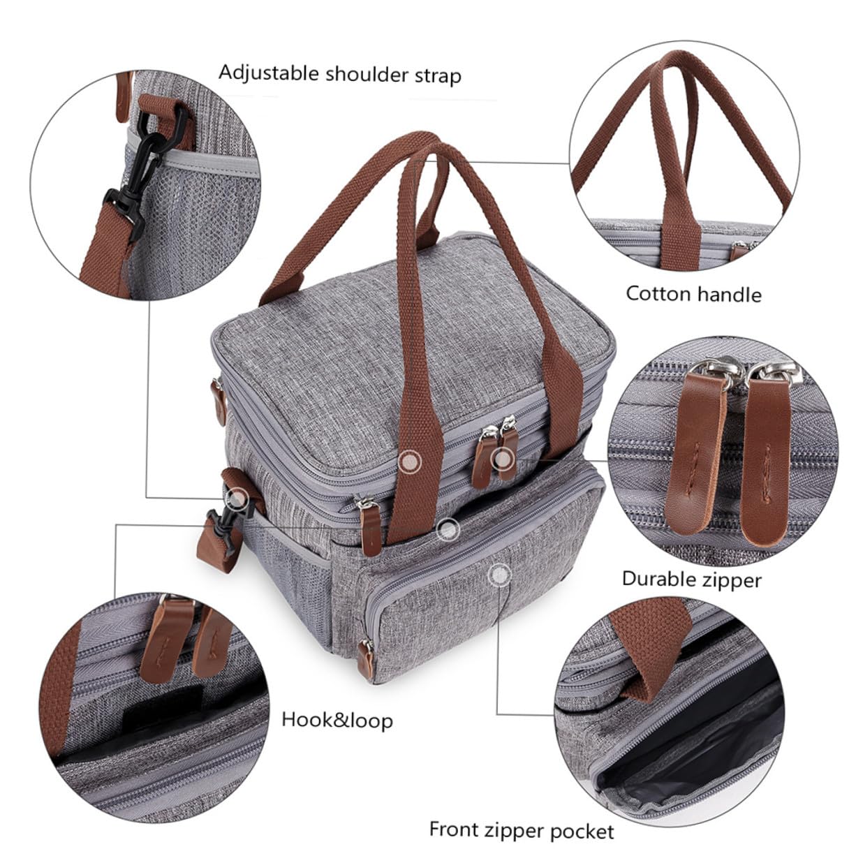 Bolsa Almuerzo Aislada Grande con Aislamiento Térmico para Picnic Oficina Escuela Portátil con Bolsillos Laterales de Malla Gris