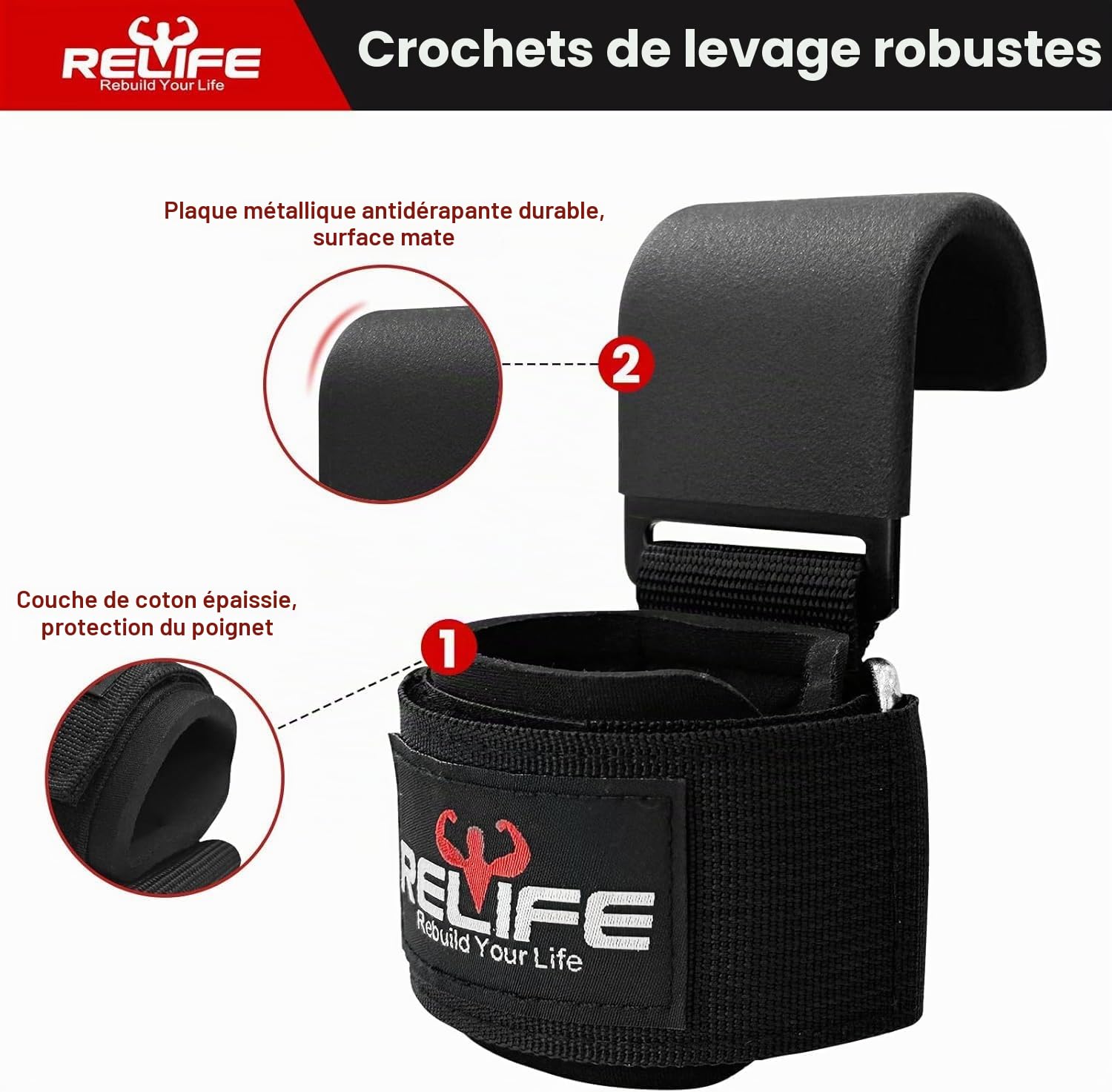 RELIFE REBUILD YOUR LIFE Straps de Musculation pour Traction Assistée Bandes Poignet Hooks de Levage (Paire) pour Powerlifting Poignées d'Entraînement Crochets de Levage