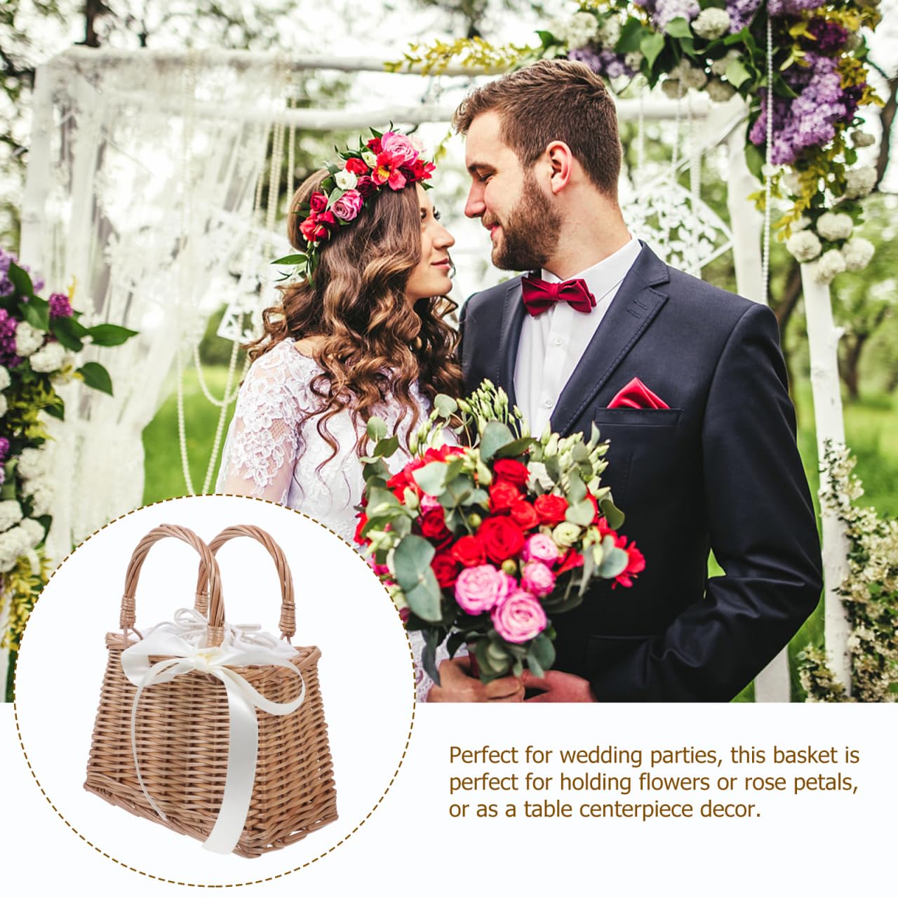 Gadpiparty Handgefertigte Kleine Rattan tragetasche mit Weißem Band Dekorativer Natürlicher Weidenkorb Leichter Blumenkorb für Hochzeitsgeschenk Vielseitiger Aufbewahrungskorb für Zuhause