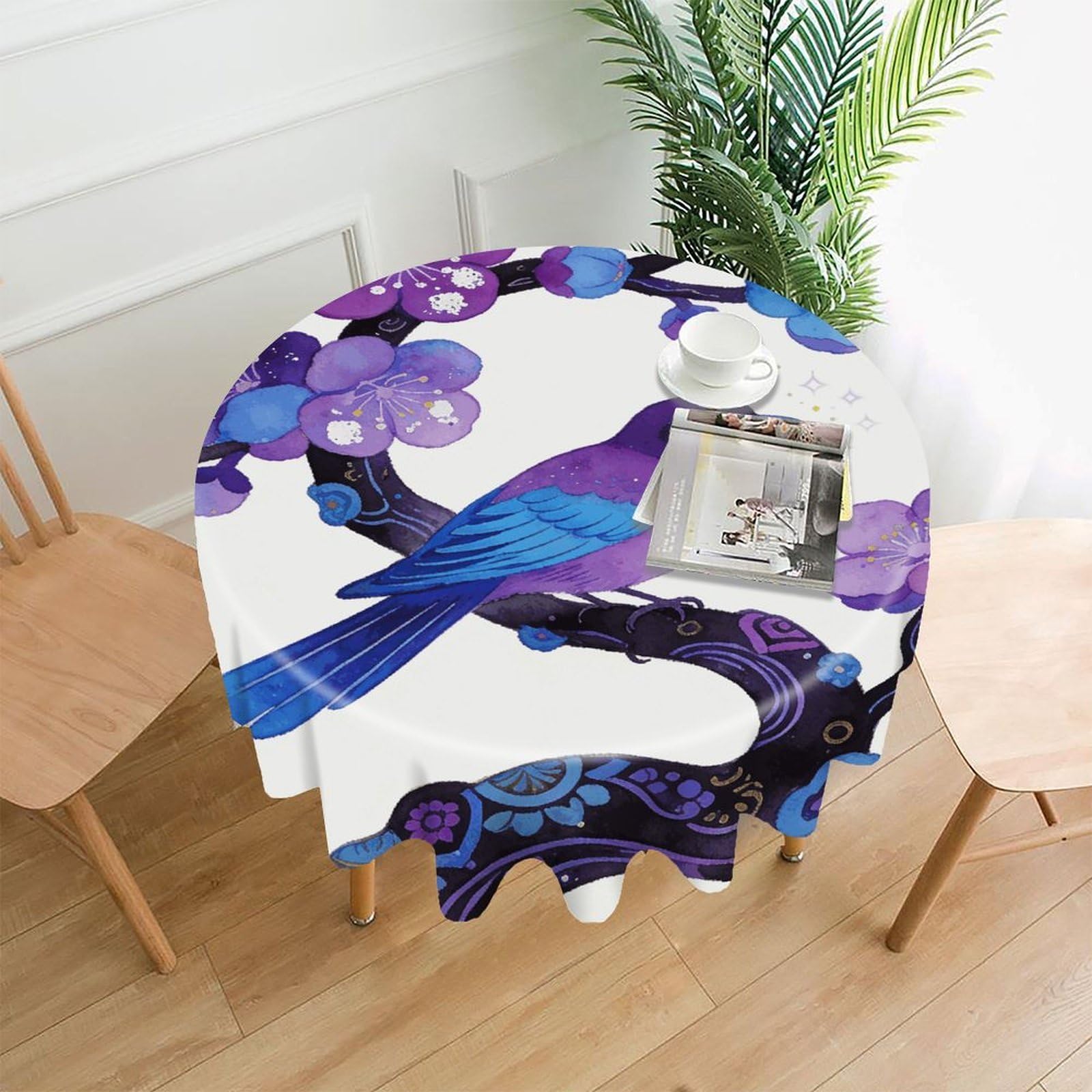 VstaDank Purple Plum Blossoms Adorn Sparrows Table Cloth Fashions Washable Round Tablecloth Decorative Table Cover Comfortable Straight Edge Tablecover for Dining Kitchen Party Outdoor 60 Inch