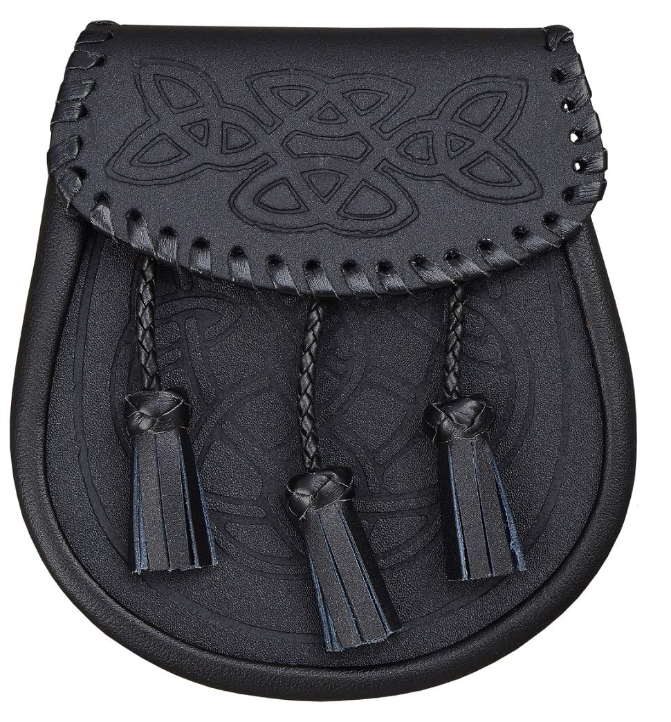 Shyne Kilts U.k Men's Black Leather Kilt Sporran Celtic Scroll Embossed Lace Woven Edge Kiltwear Kilts