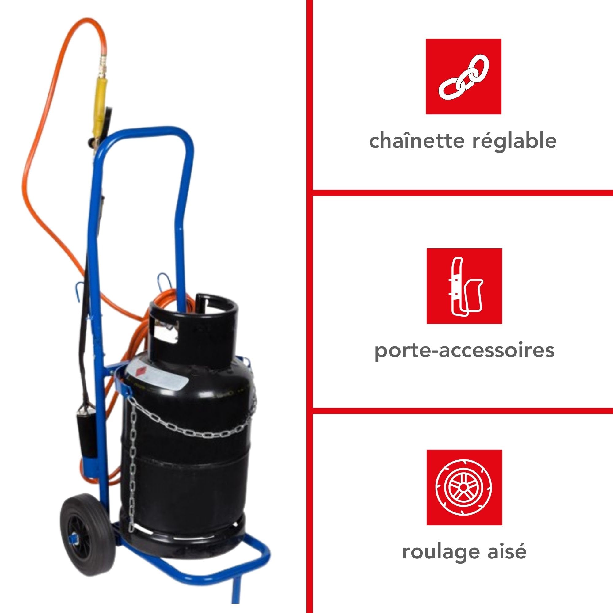 Toolland Chariot pour Bouteille de gaz Bleu 100 kg chaîne de sécurité réglable Cadre en Acier Inoxydable Grandes Roues 20 cm adapté aux Bouteilles de Propane Butane fûts de bière intérieur extérieur