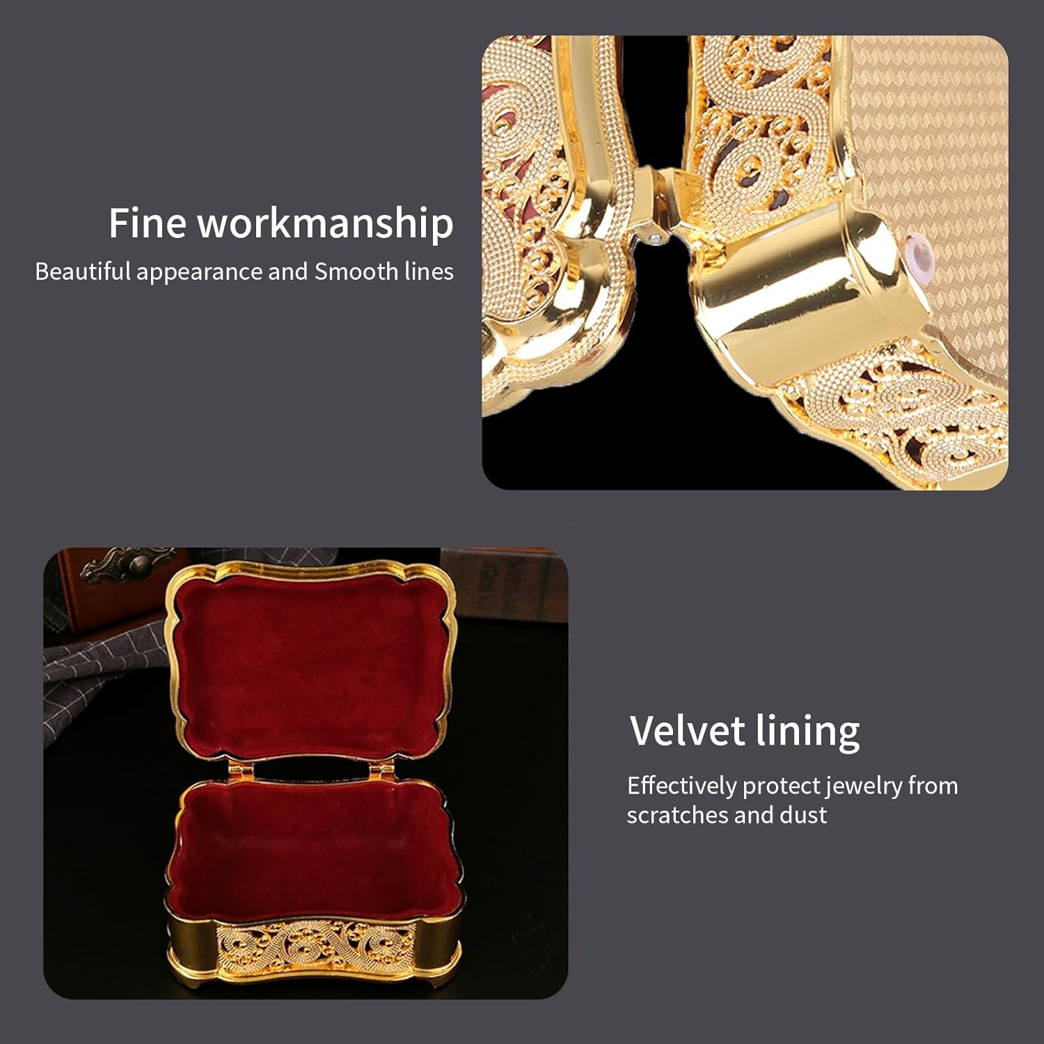 BORDSTRACT Vintage Metal Jewelry Box, Rectangle Trinket Storage Box Organizer with Velvet Lining for Rings Necklace Earrings (gold（J21844)