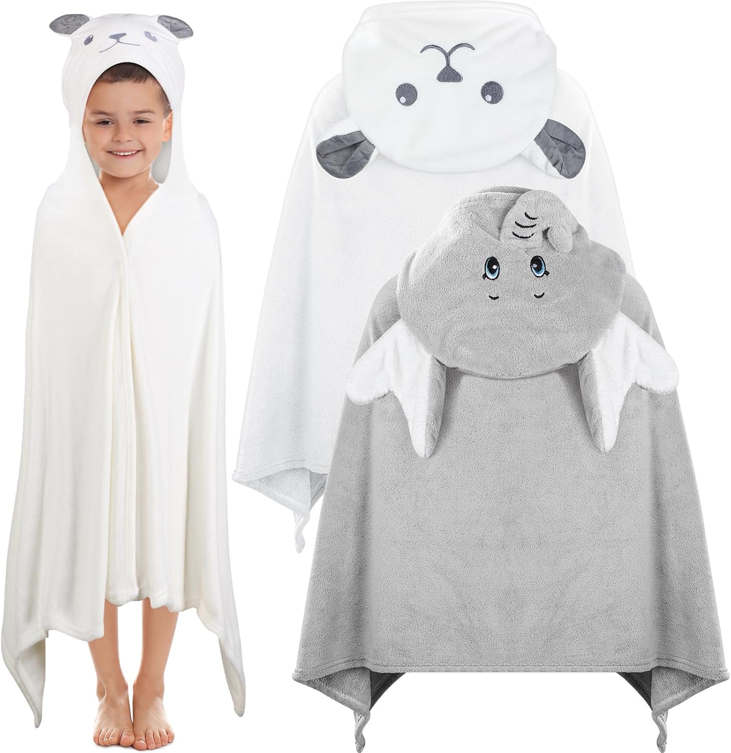 Preboun 2 Pcs Kid Toddler Hooded Bath Towel 27.5 x 55'' Winter Large Hooded Towel for Kids 3-10 Yrs Wrap Bathrobe Boy Girl(White, Gray,Bear, Elephant)