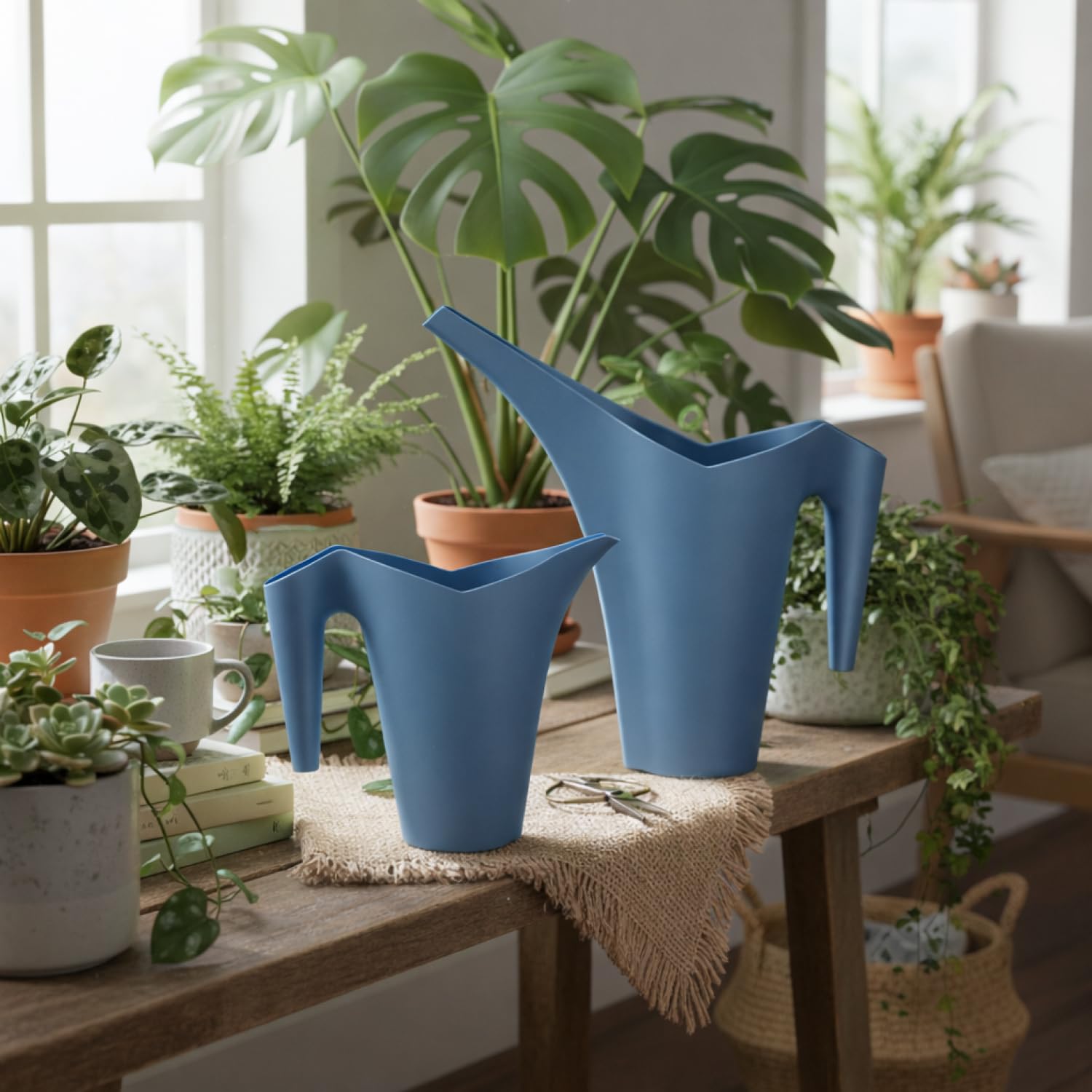com-four® 2 regaderas 1,0 L y 1,4 L – Set de regaderas con Boquilla Larga y Alargada – para regar y fertilizar Plantas en Interior o Exterior (2 Piezas - 1.0/1.4L - Azul)