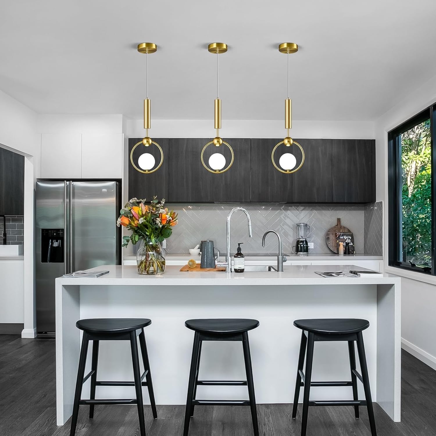 VTAMng Pendant Light Metal Dining Room Light Modern Gold Globe Chandelier Nordic Style Kitchen Island Ceiling Suspension Lighting Fixture with White Globe Glass Lampshade for Bedroom Hallway Staircase