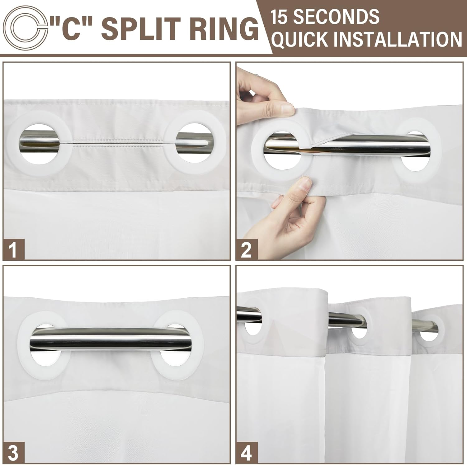 No Hook Shower Curtain with Snap in Liner and Sheer Window, Brown Modern Geometric Fabric Shower Curtain Set for Bathroom Decor, 15-Second Quick Install, Abstract Irregular Ombre, 71"X74"