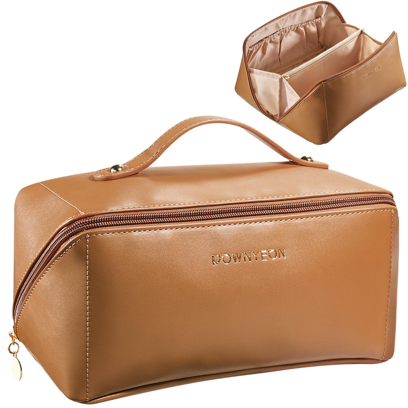 BEGIN MAGIC Large Capacity Cosmetics Bag, Zipper Makeup Bag Leather Waterproof Cute Portable Travel Storage Bag with Handle Open Flat for Easy Access Toiletry Bag Cosmetics Case, Brown