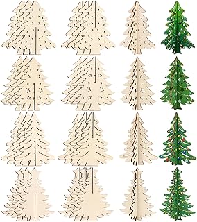 24 Pcs 3D Christmas Tree Wood Crafts, Xmas Tree Wooden Cutouts, Unfinished Xmas Tree Wooden Slices for Christmas Painting Decorations