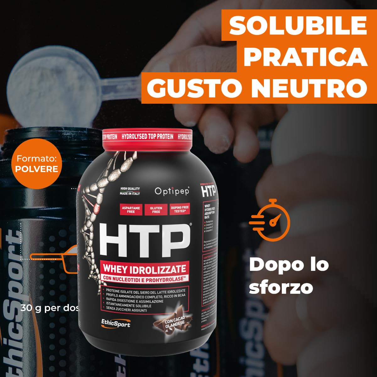 EthicSport HTP – Proteine isolate e idrolizzate Optipep con ProHydrolase e nucleotidi – Supporto alla massa muscolare – 1950 g - doping free tested* - Gusto Cacao