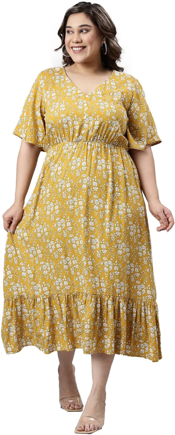 Women's Maxi Plus Size Floral Dress with Bell Sleeves - (DRS_012_YLWFL)