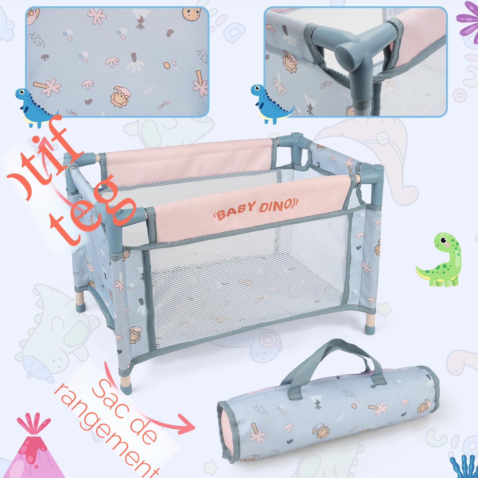 deAO Ensemble Poupée Bébé 30 cm avec Accessoires, Set de Jeu de Rôle 3 Ans+ | Poussette Pliable, Berceau, Lit Pépinière, Chaise Haute, Tapis de Jeu, Sac de Voyage, Plastique Sûr, Assemblage Facile