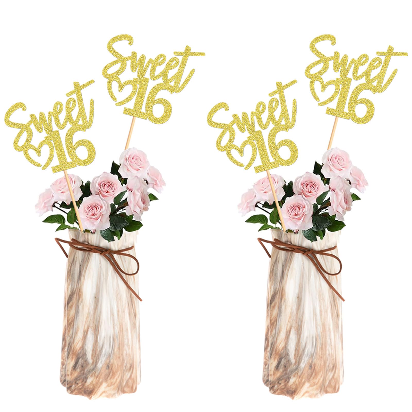 12Pcs Happy Sweet 16 Party Centerpiece Sticks Golden 16th Birthday Flower Toppers for Boys Girls 16th Birthday Table Decorations Floral Table Topper