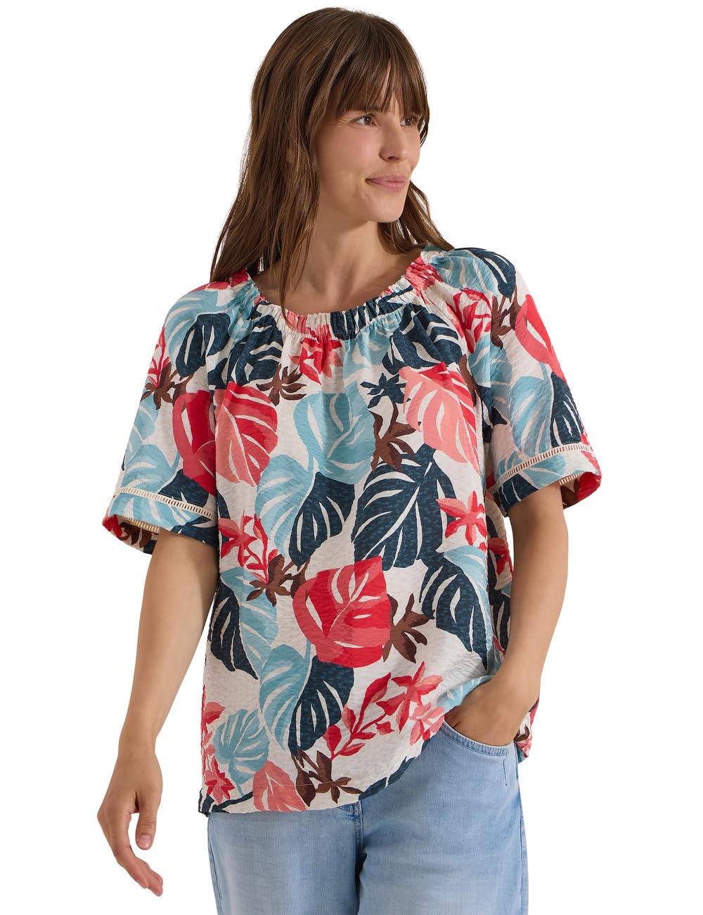 Cecil Women's 3413153 Carmen Blouse with Short Sleeve and Leaf Print (Pack of 1), Light Alabaster White, XS