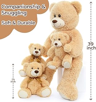 MorisMos Giant Teddy Bears with Babies, 39inch Big Mommy Bear with 3 Baby for Baby Shower, Large Teddy Bears Stuffed Plush, Brown