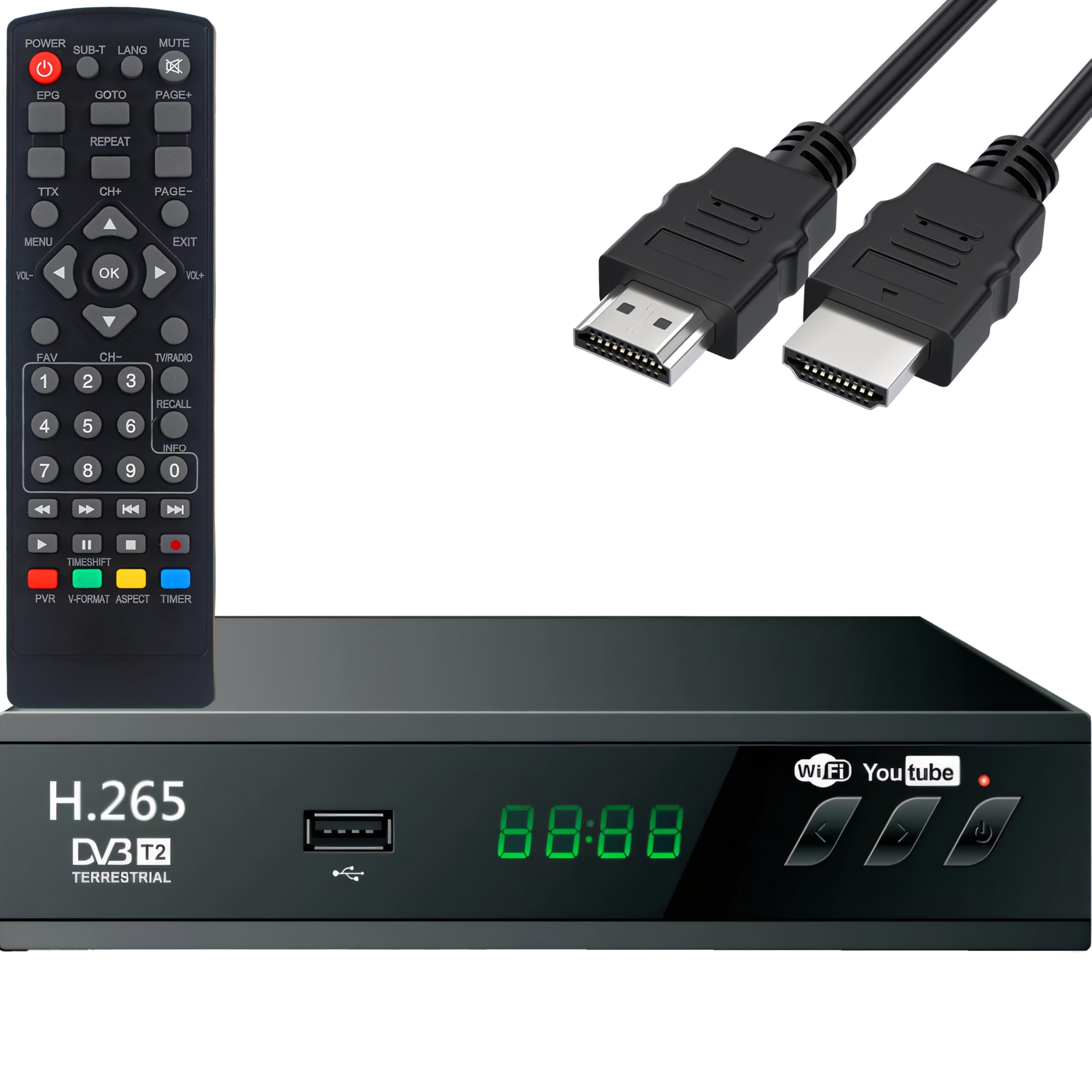 Retoo Odbiornik DVB-T2 HD z H.265 HEVC, odbiornik cyfrowy z HDMI, SCART, funkcją nagrywania PVR, Timeshift i USB, tuner TV Full HD do telewizji kablowej, z pilotem sterującym i kablem