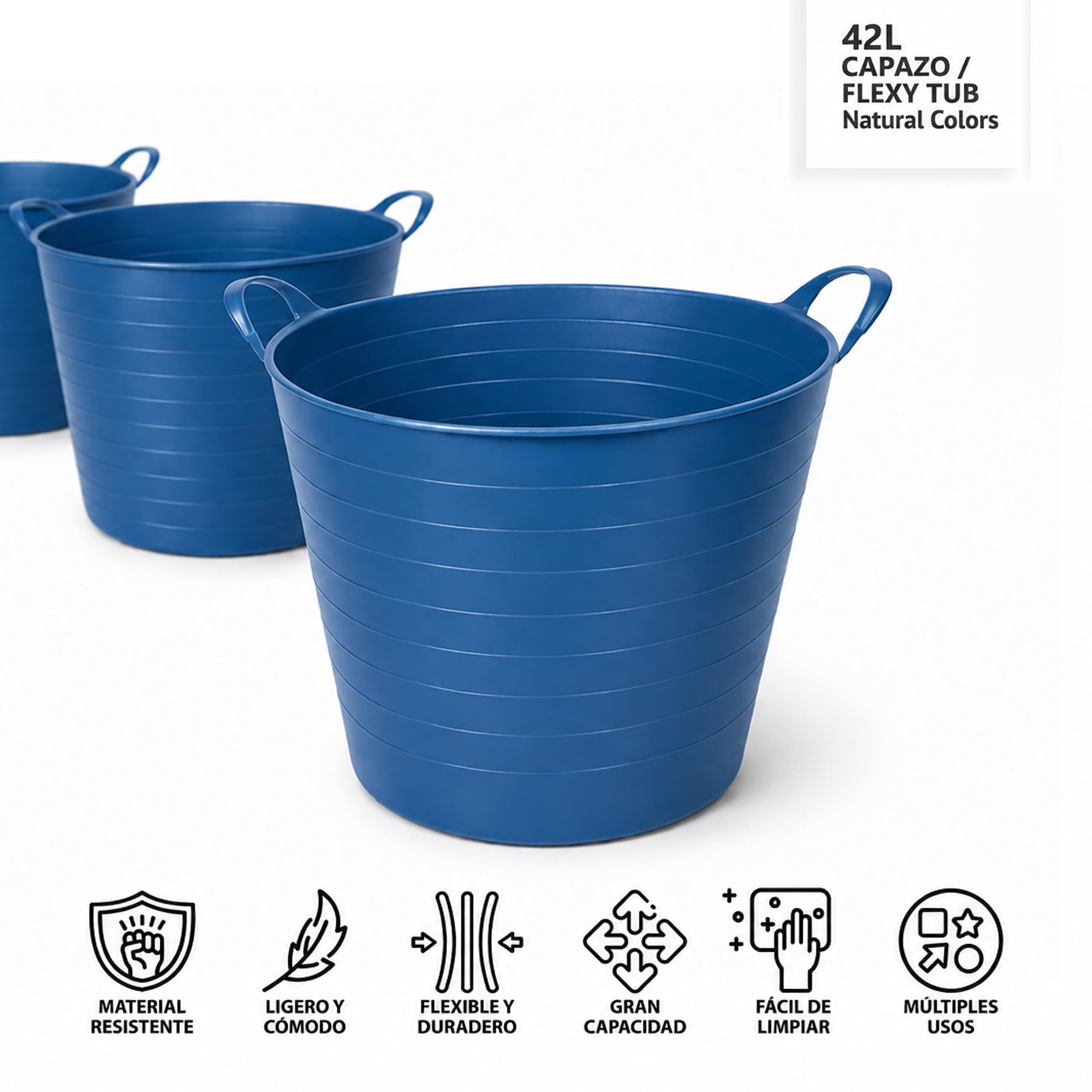 Pamex - Capazo Flexible 42L Azul, Caja de 12 Unidades, Capazo Multiusos con Asas, Polietileno de Baja Densidad, Ligero y Resistente, para Hogar, Jardín y Almacenaje