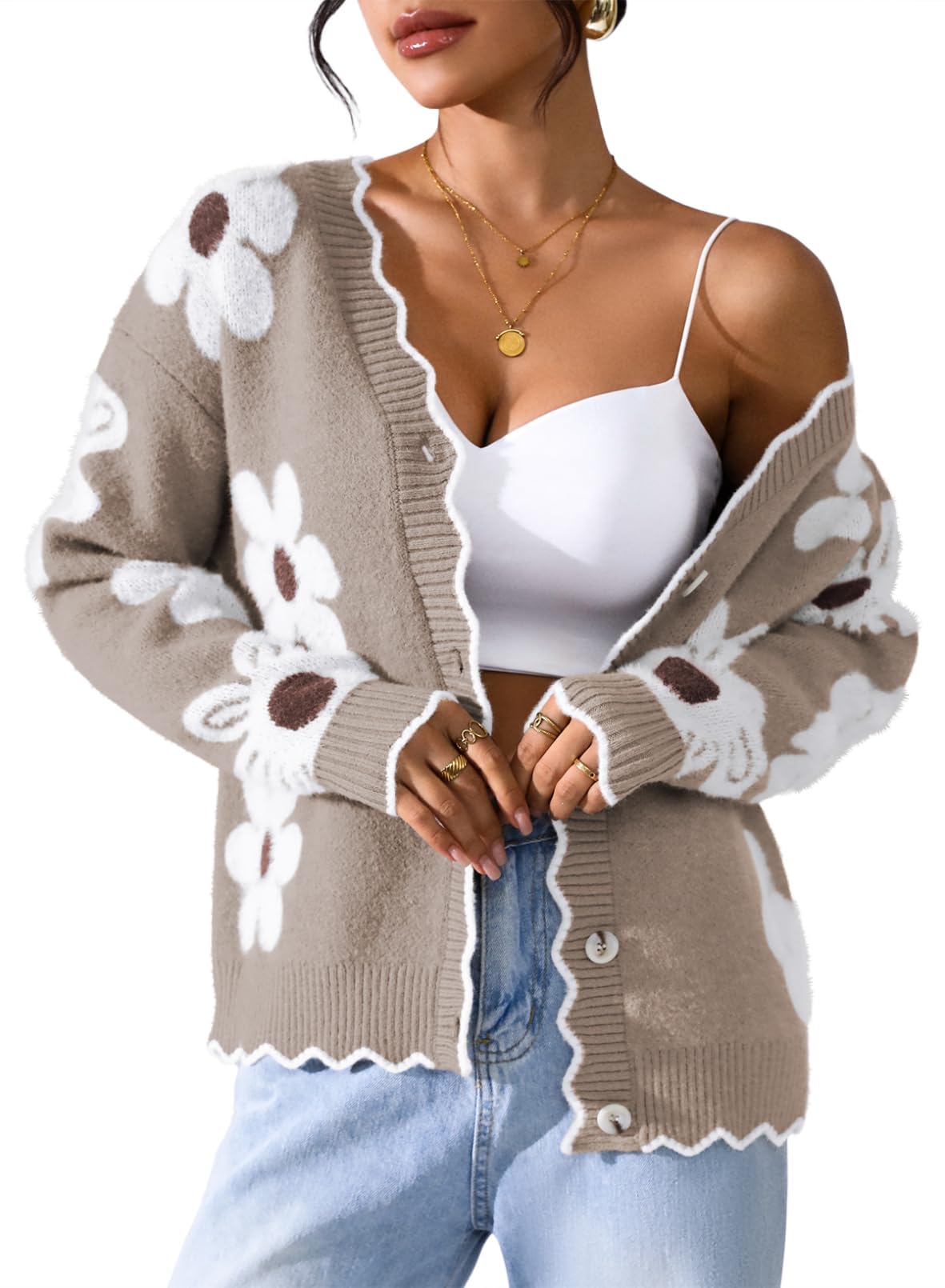 Pink Queen Fuzzy Sweater Cardigan for Women 2025 Fashion Long Sleeve Flower Outerwear Button Down Open Front Cardigan