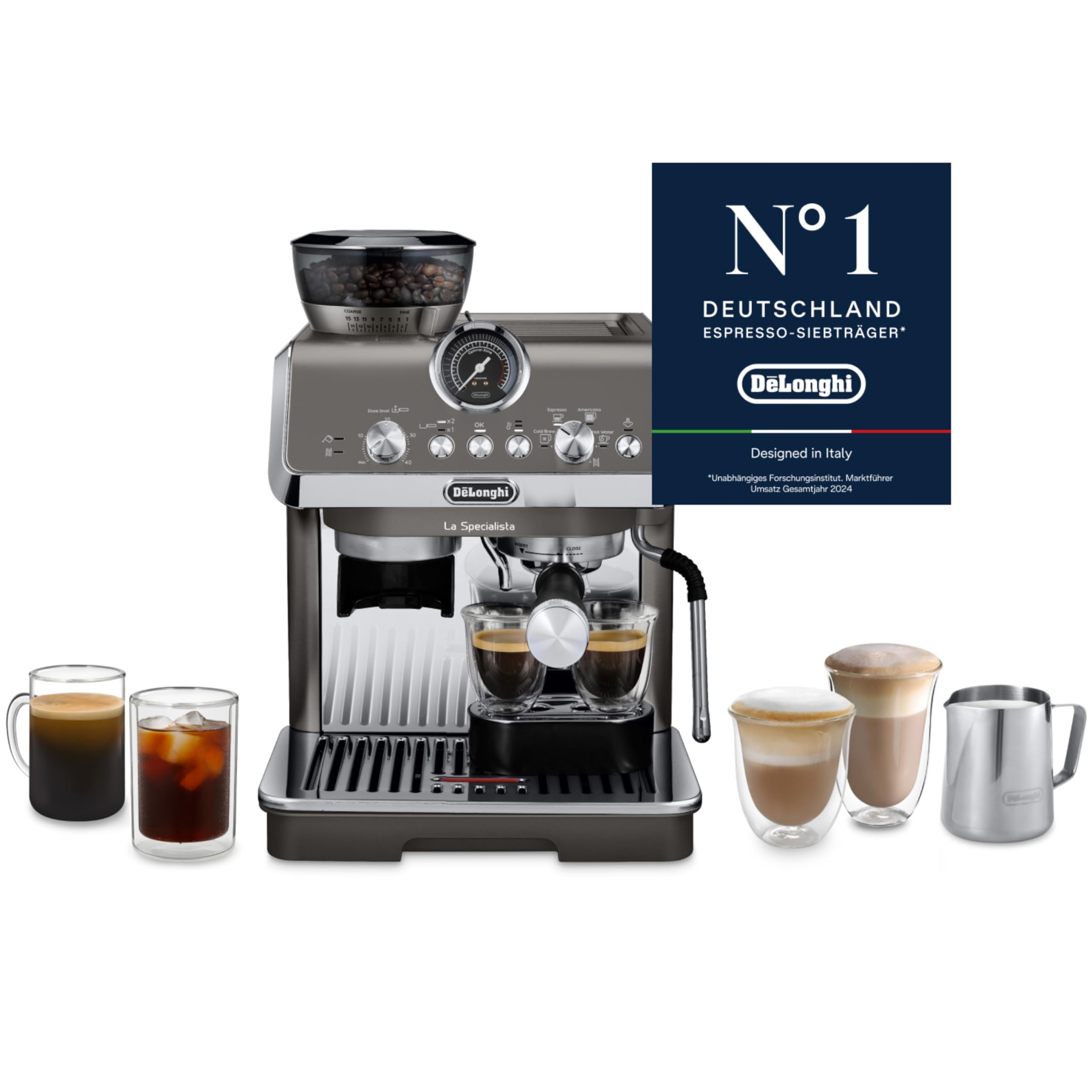 De'Longhi La Specialista Arte Evo EC9255.T Siebträgermaschine, Espressomaschine mit Mahlwerk, Cold Brew-Funktion, 8 Mahlgrade, 15 Bar, 3 Temperaturen, Milchschaumdüse, Titan inkl. Barista-Kit