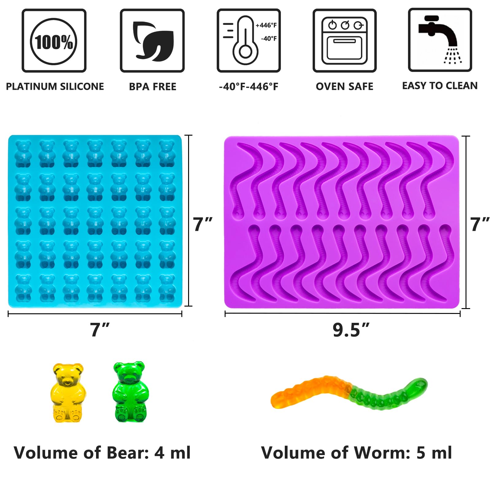 Molde grande de silicona para gomitas de oso y gusano, moldes de gomitas de caramelo para niños, moldes de chocolate antiadherentes, sin BPA, con 2 cuentagotas y 1 cepillo de limpieza, juego de 4