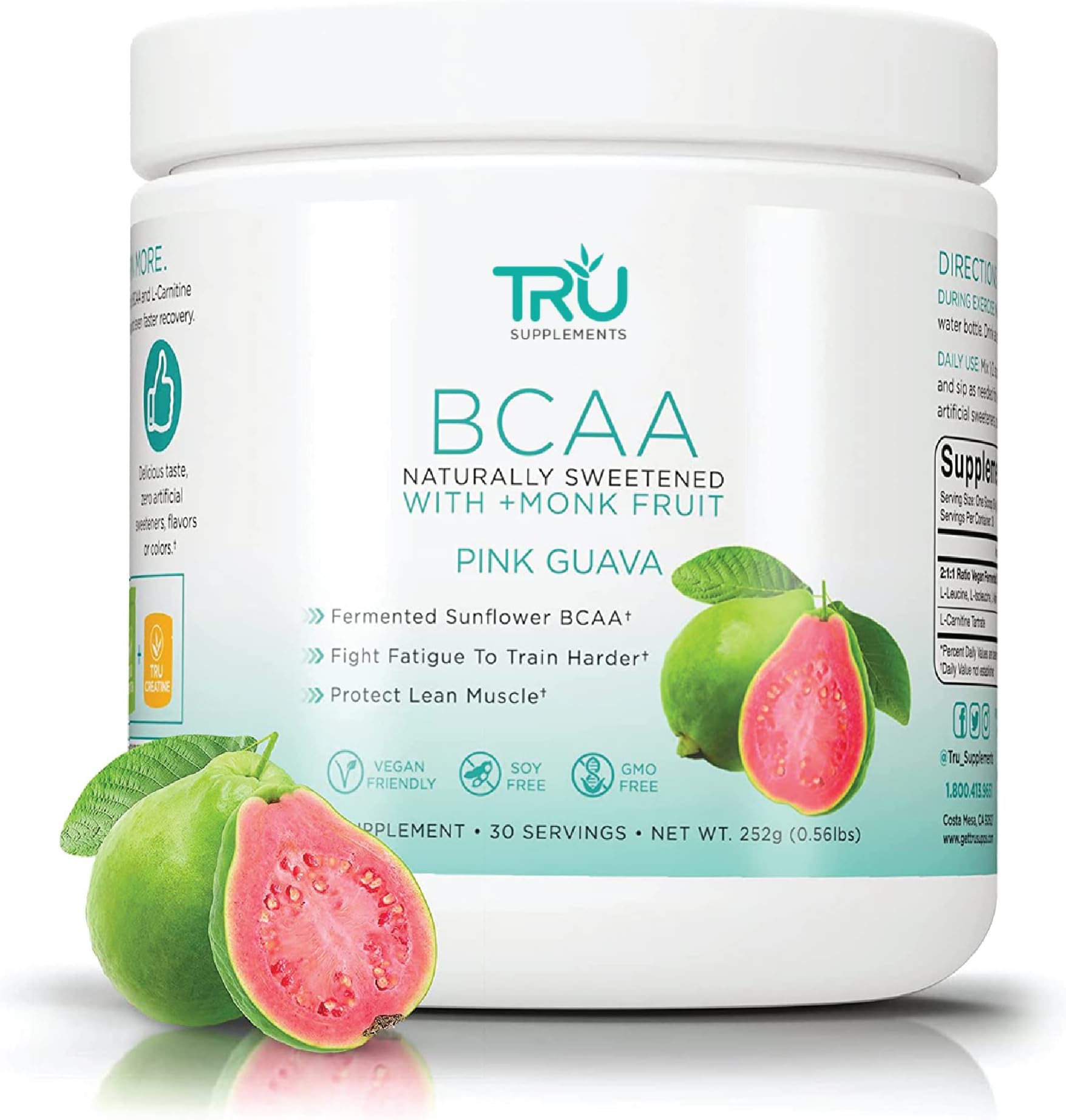 TRU SupplementsBCAA Powder, Plant Based Branched Chain Amino Acids, Vegan Friendly, Zero Calories, No Artificial Sweeteners or Dyes, (30 Servings, Pink Guava)