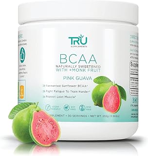 TRU BCAA Powder, Plant Based Branched Chain Amino Acids, Vegan Friendly, Zero Calories, No Artificial Sweeteners or Dyes, (30 Servings, Pink Guava)