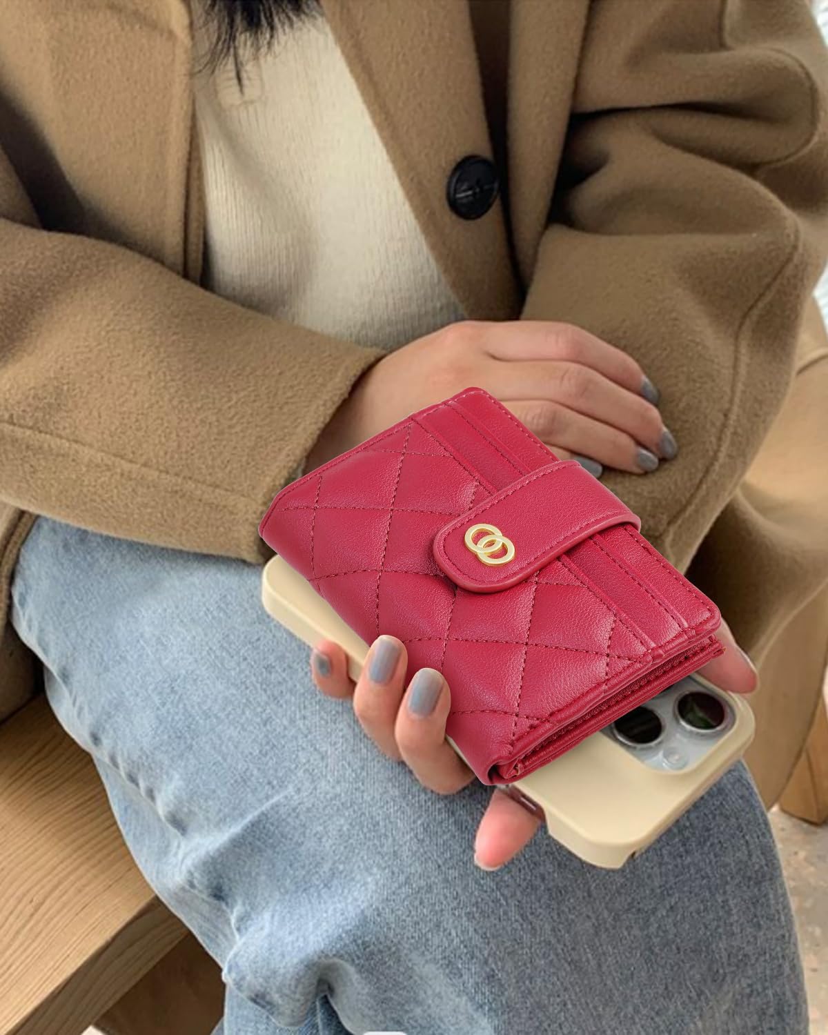  Small Wallet For Women- Credit Card Holder Wallet For Women Girls- Zipper Small Bifold Wallet Mini Coin Purse With ID Window (Red) thumbnail
