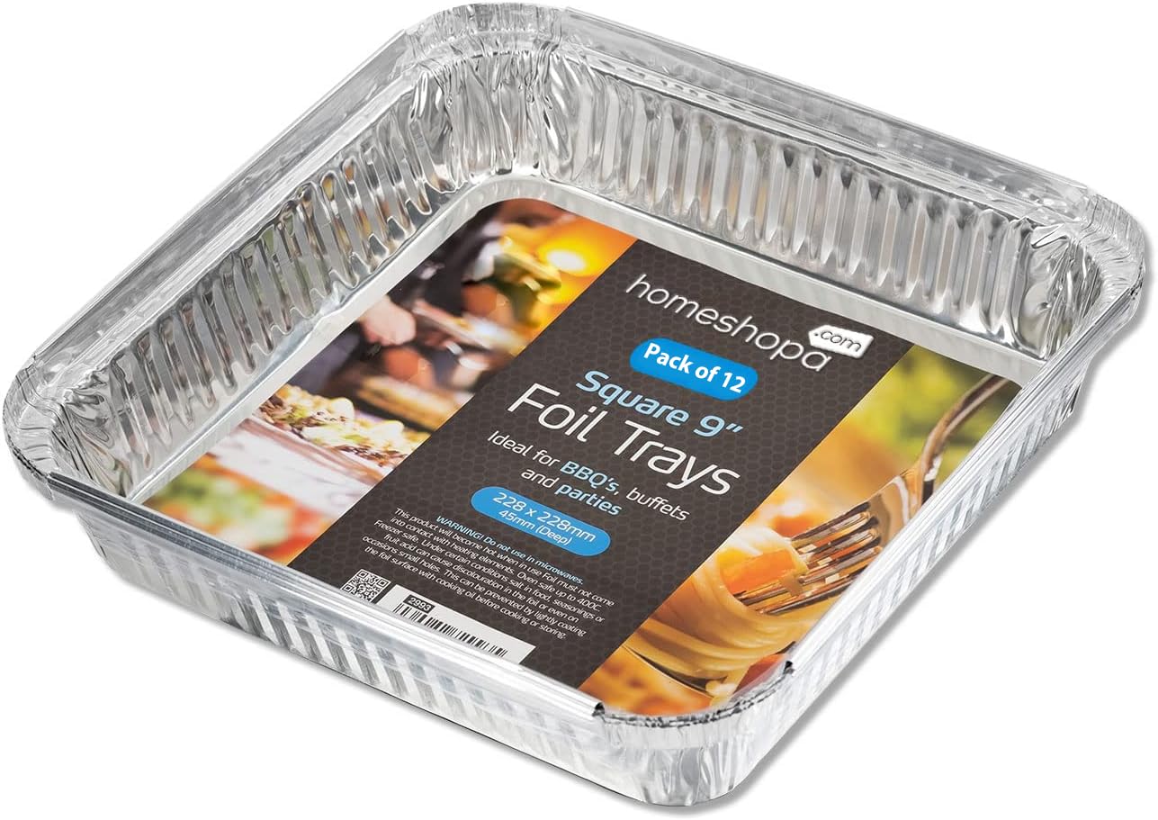 HOMESHOPA Aluminium Foil Trays Without Lids, 12 Pack 9 X 9 Inch Square Disposable Tin Foil Containers, Best for Meal Prep, Food Storage, Baking, Broiling, Roasting — image 1
