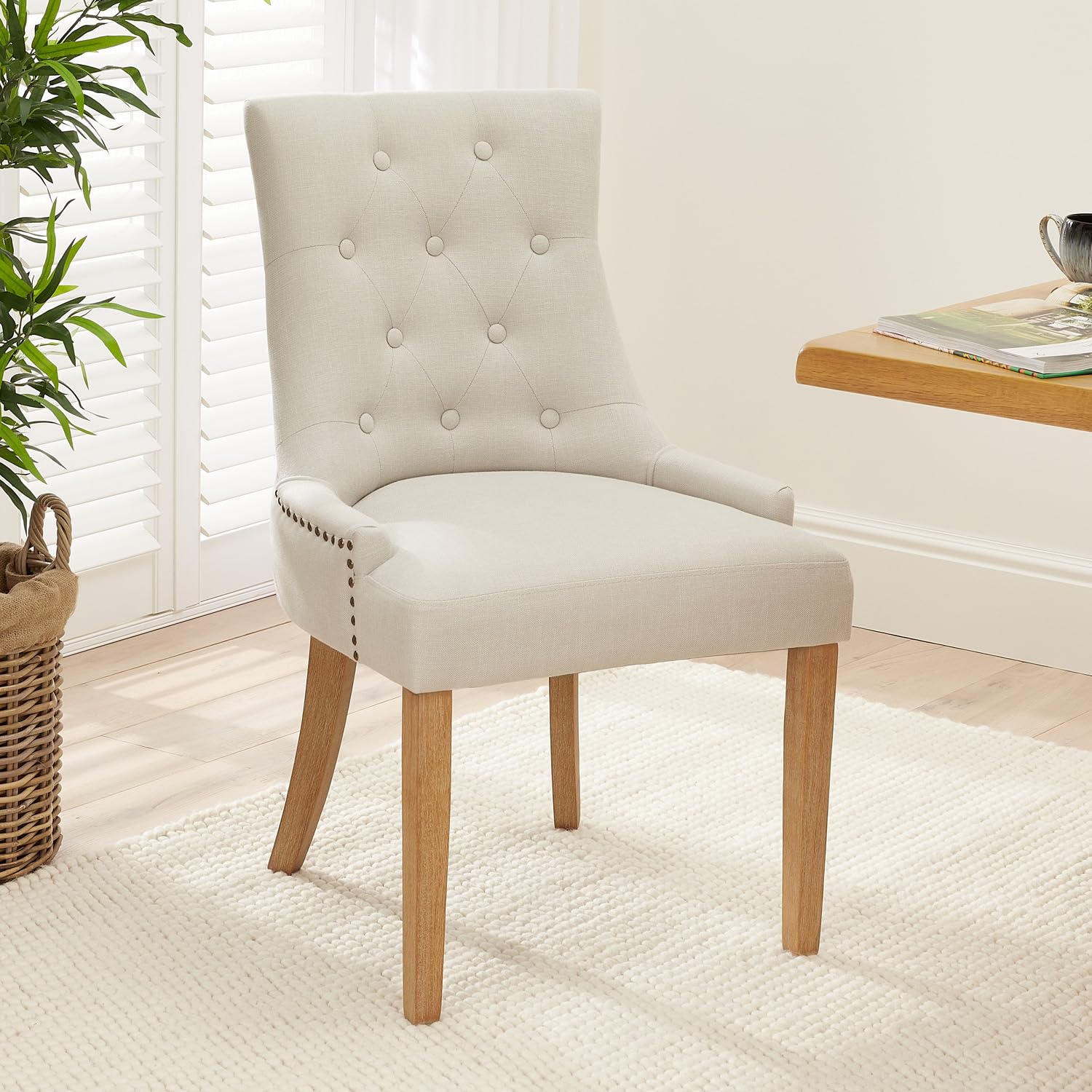 The Furniture Market Luxury Natural Linen Fabric Scoop Back Dining Chair | Button Quilted Upholstery | Stud Detailing | Sprung & Webbed Seat | H 920 x W 560 x D 610mm