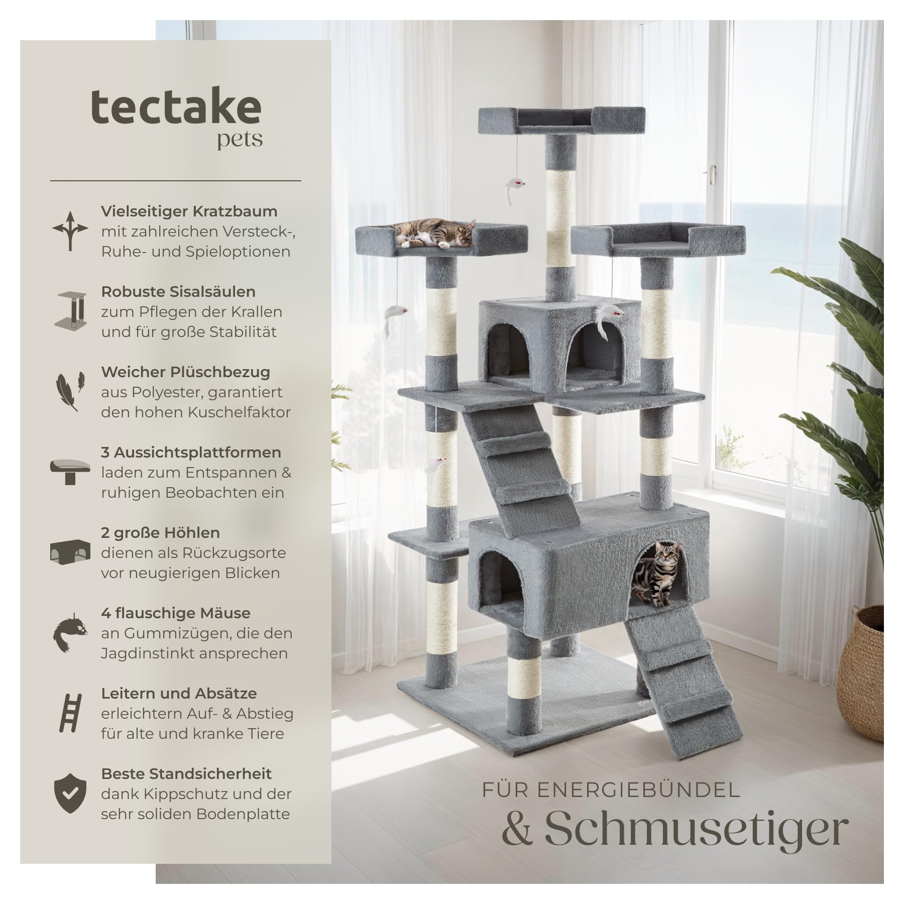 tectake® Katzen Kratzbaum groß, für Katzen und Kitten, mit 2X Katzenhaus, 4X Katzenspielzeug Spielmaus und 2X Katzenleiter zum Klettern, Kratzsäule Sisalseil, Kippschutz mit Wandmontage - grau