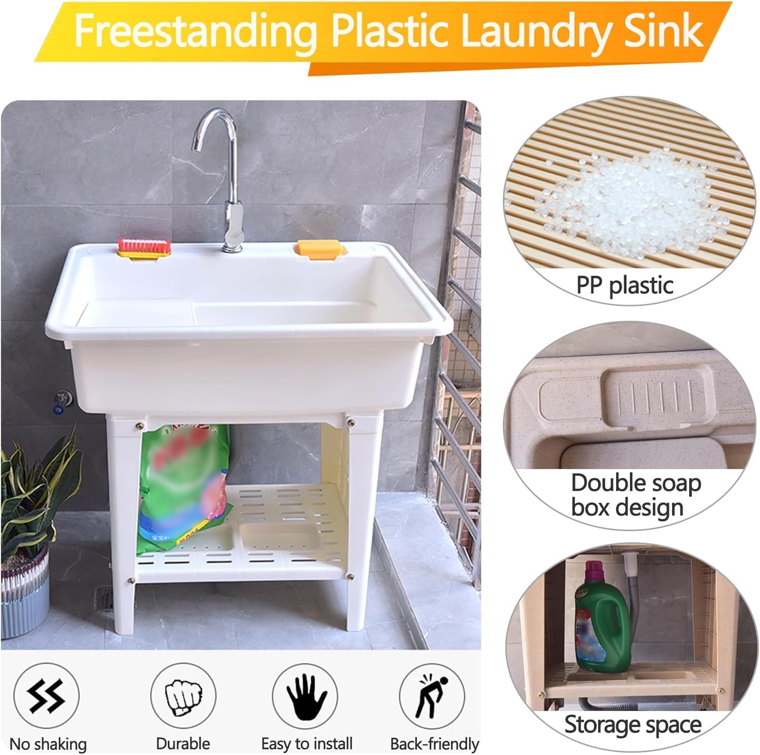Wolnostojący przenośny plastikowy zlew użytkowy z kranem i umywalką, stacja do mycia rąk z ciepłą i zimną wodą, wytrzymała wanna na pranie do ogrodu, garażu, kampera (szara, 80 x 58 x 80 cm)